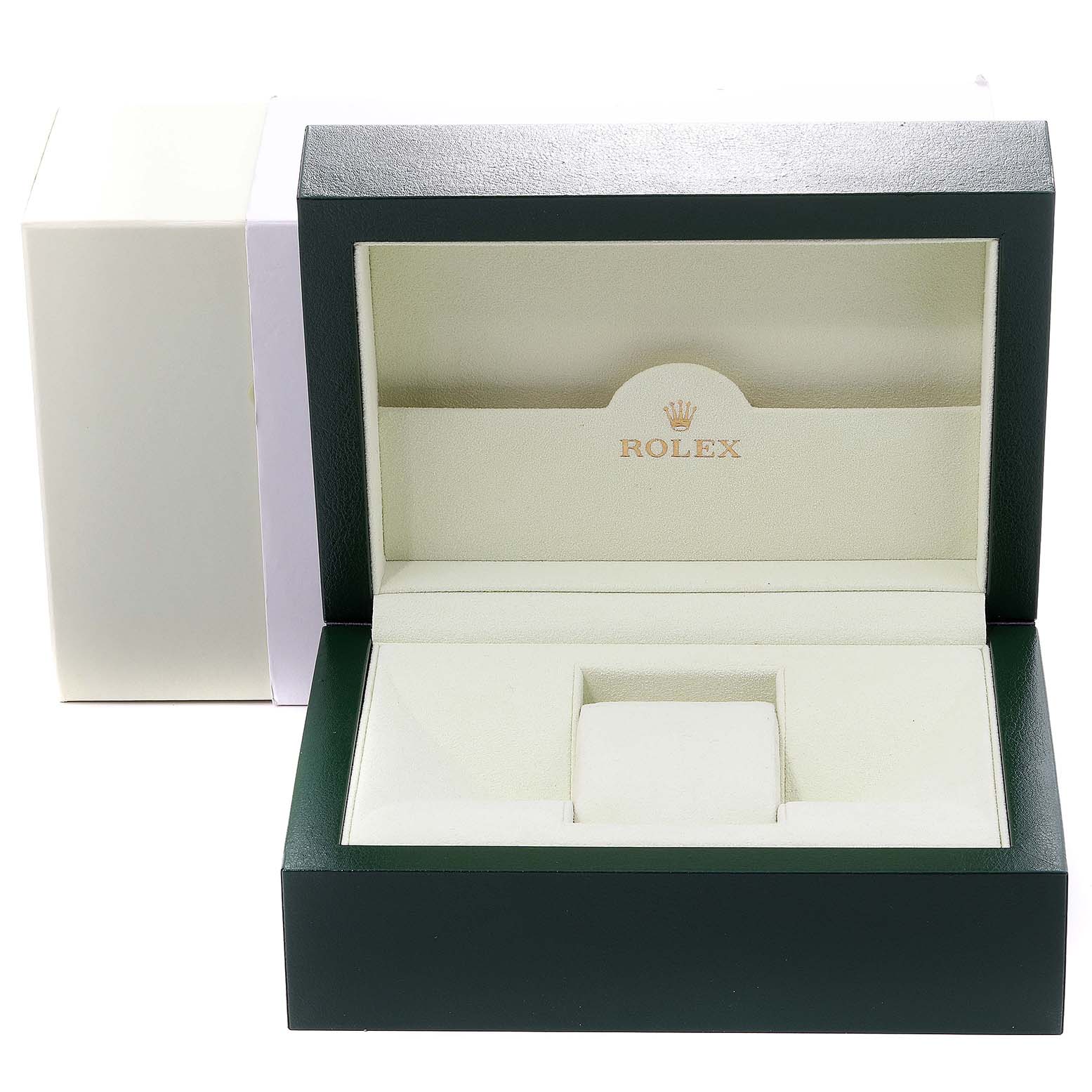 The image shows an empty Rolex watch box for the President model, taken from a front angle.