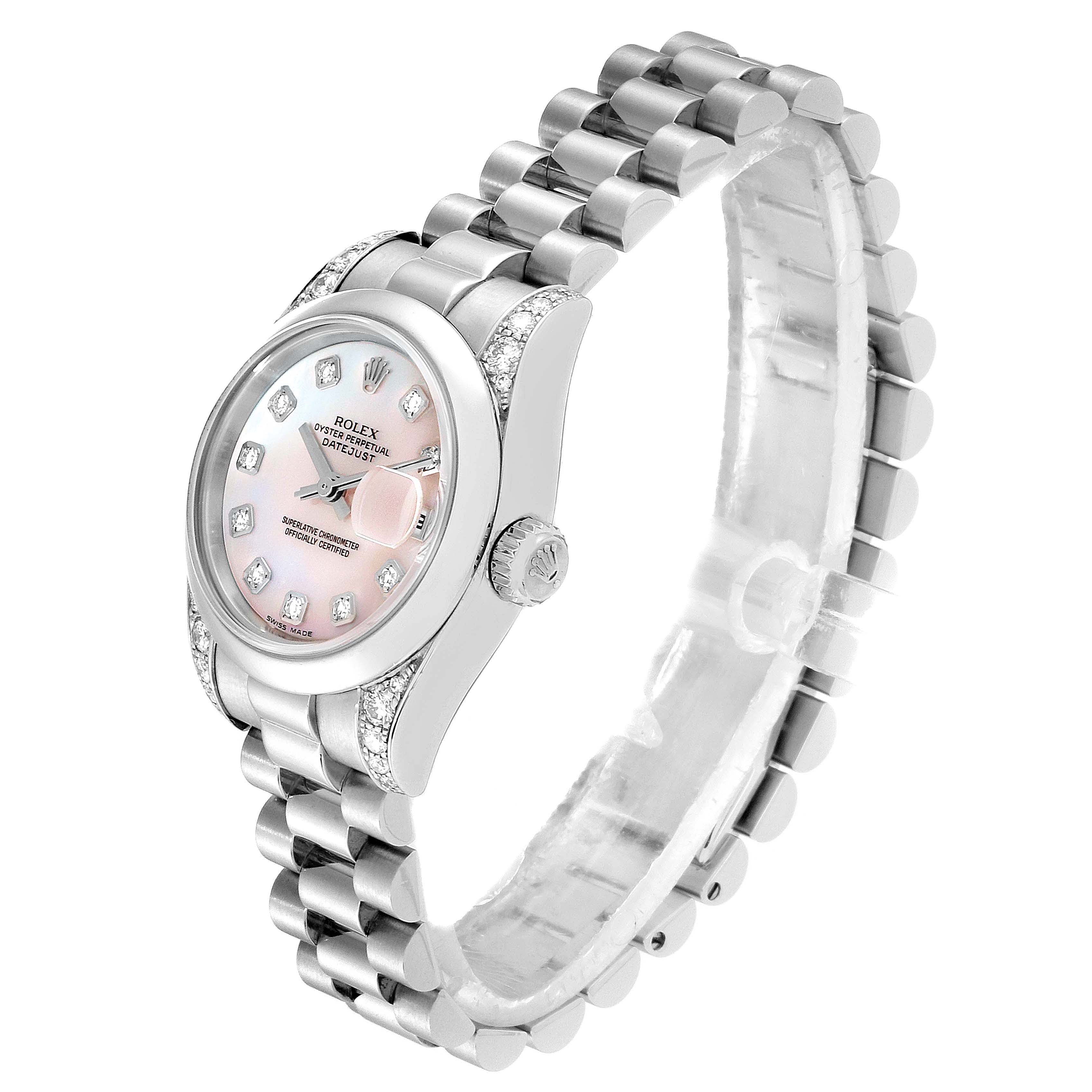 The image shows a Rolex President 179296 Women's Platinum Mother of Pearl Dial 179296 Women's Platinum Mother of Pearl Dial model watch at an angle highlighting its face, crown, and bracelet.