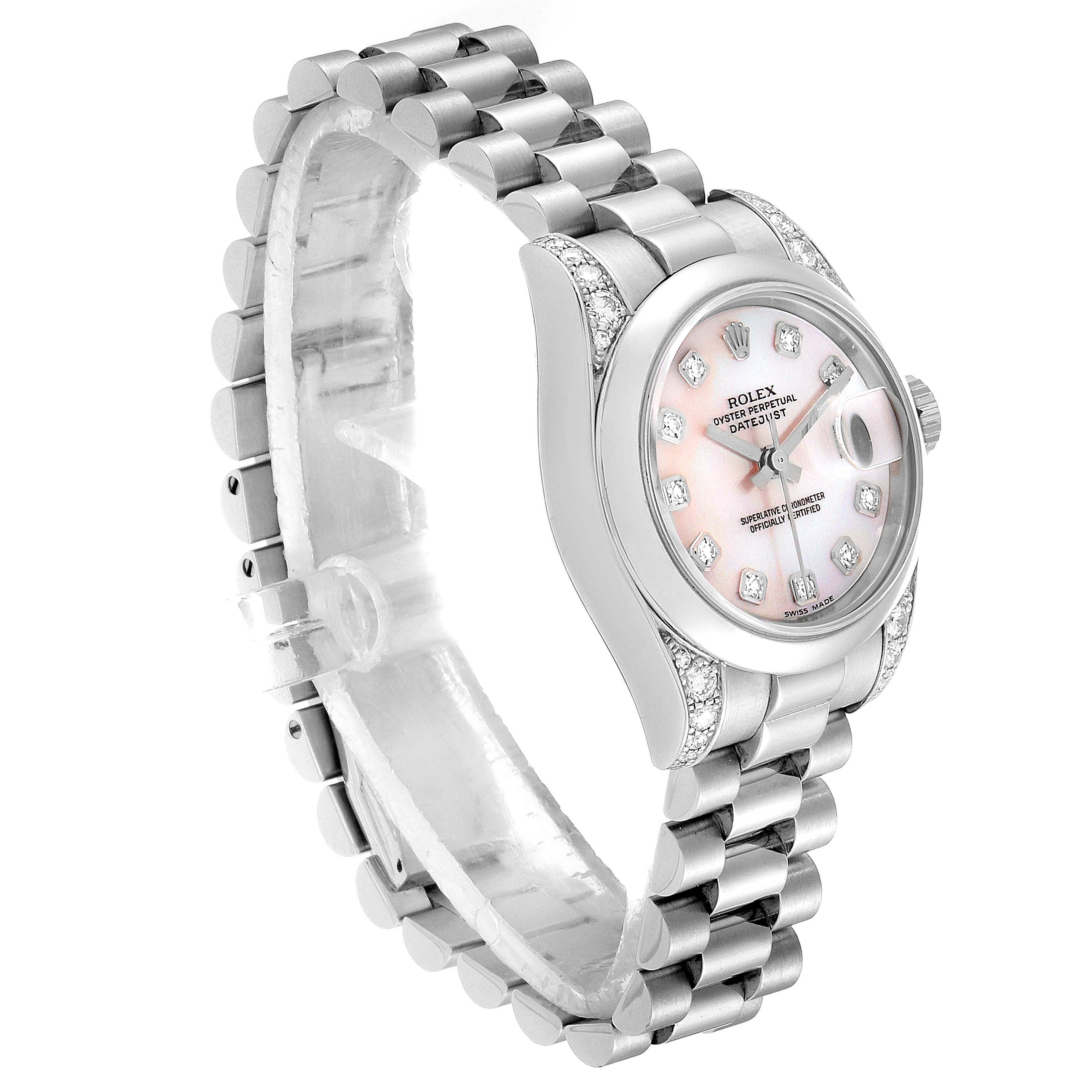 The Rolex President 179296 Women's Platinum Mother of Pearl Dial 179296 Women's Platinum Mother of Pearl Dial model watch is shown at a left-side angle, highlighting the bracelet, case, and dial with diamond hour markers.