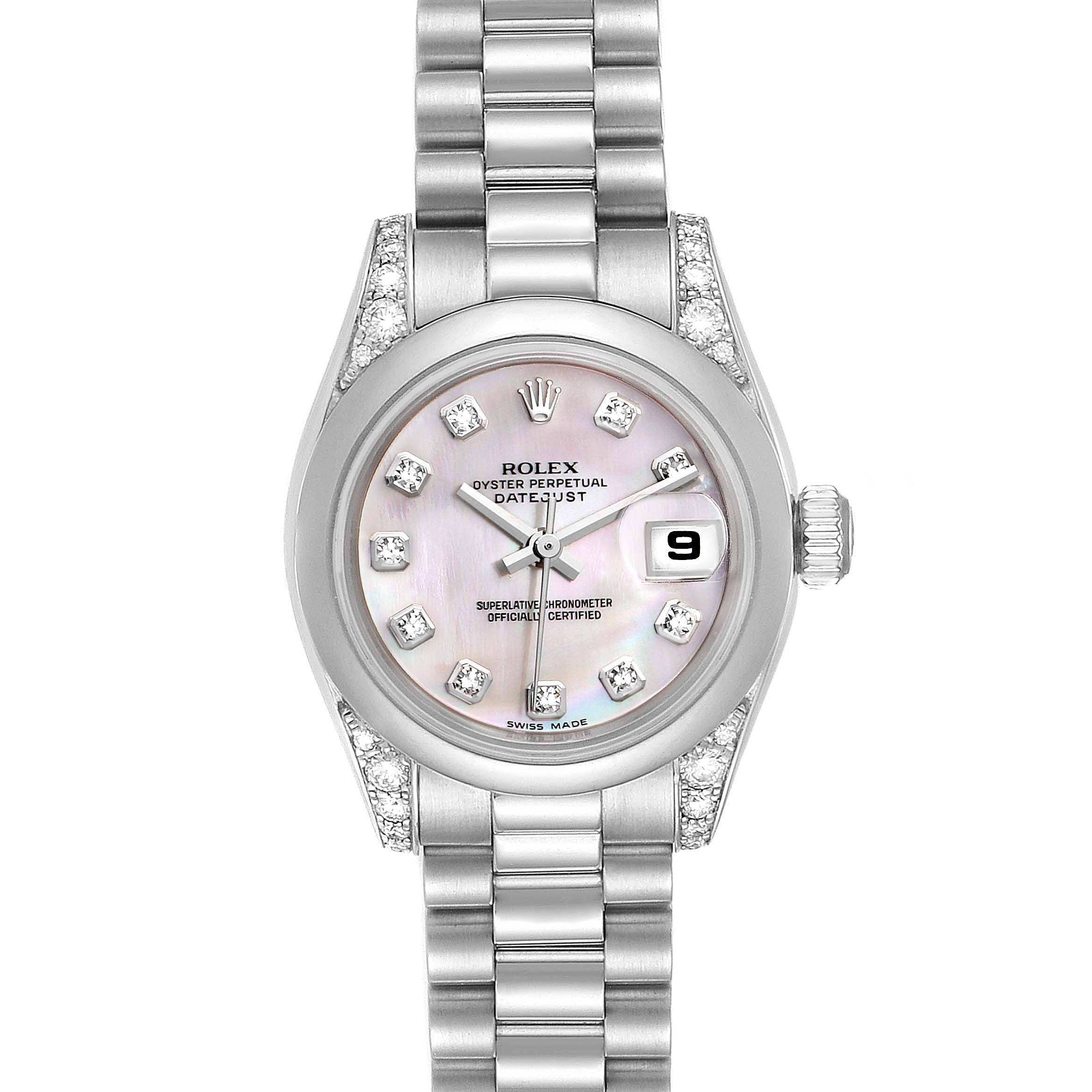 The image shows a front view of a Rolex President 179296 Women's Platinum Mother of Pearl Dial 179296 Women's Platinum Mother of Pearl Dial model watch, highlighting the dial, bracelet, and diamond accents.