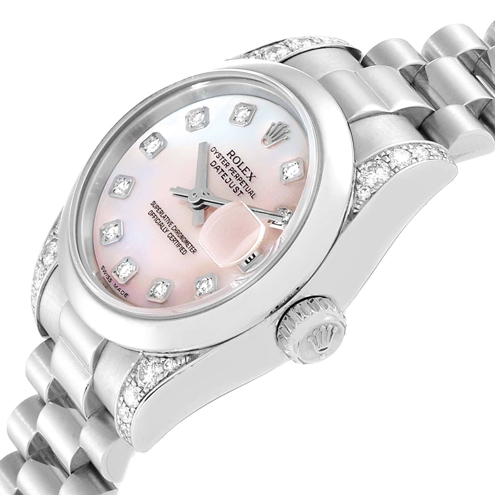 The image shows a close-up angle of a Rolex President 179296 Women's Platinum Mother of Pearl Dial 179296 Women's Platinum Mother of Pearl Dial model watch, highlighting the dial, crown, and part of the bracelet with diamond accents.