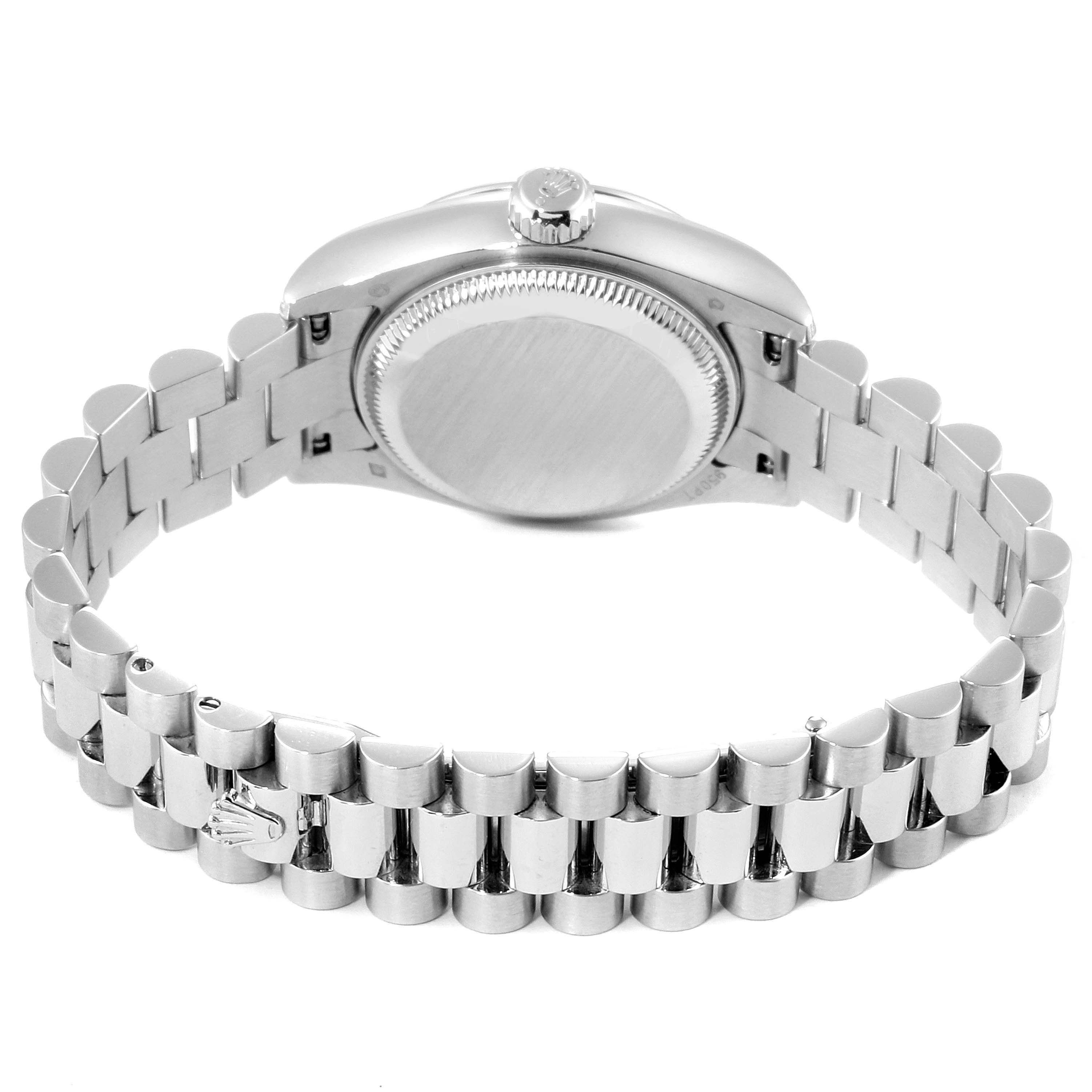 The image shows the backside and bracelet of a Rolex President 179296 Women's Platinum Mother of Pearl Dial 179296 Women's Platinum Mother of Pearl Dial model watch, highlighting its clasp and links.