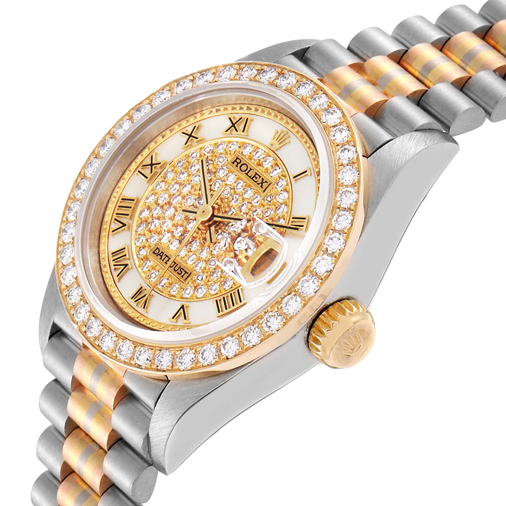 The image shows a side angle of a Rolex President 69139 Women's Yellow Gold Mother of Pearl Dial 69139 Women's Yellow Gold Mother of Pearl Dial model watch, highlighting its bracelet, bezel, crown, and dial.