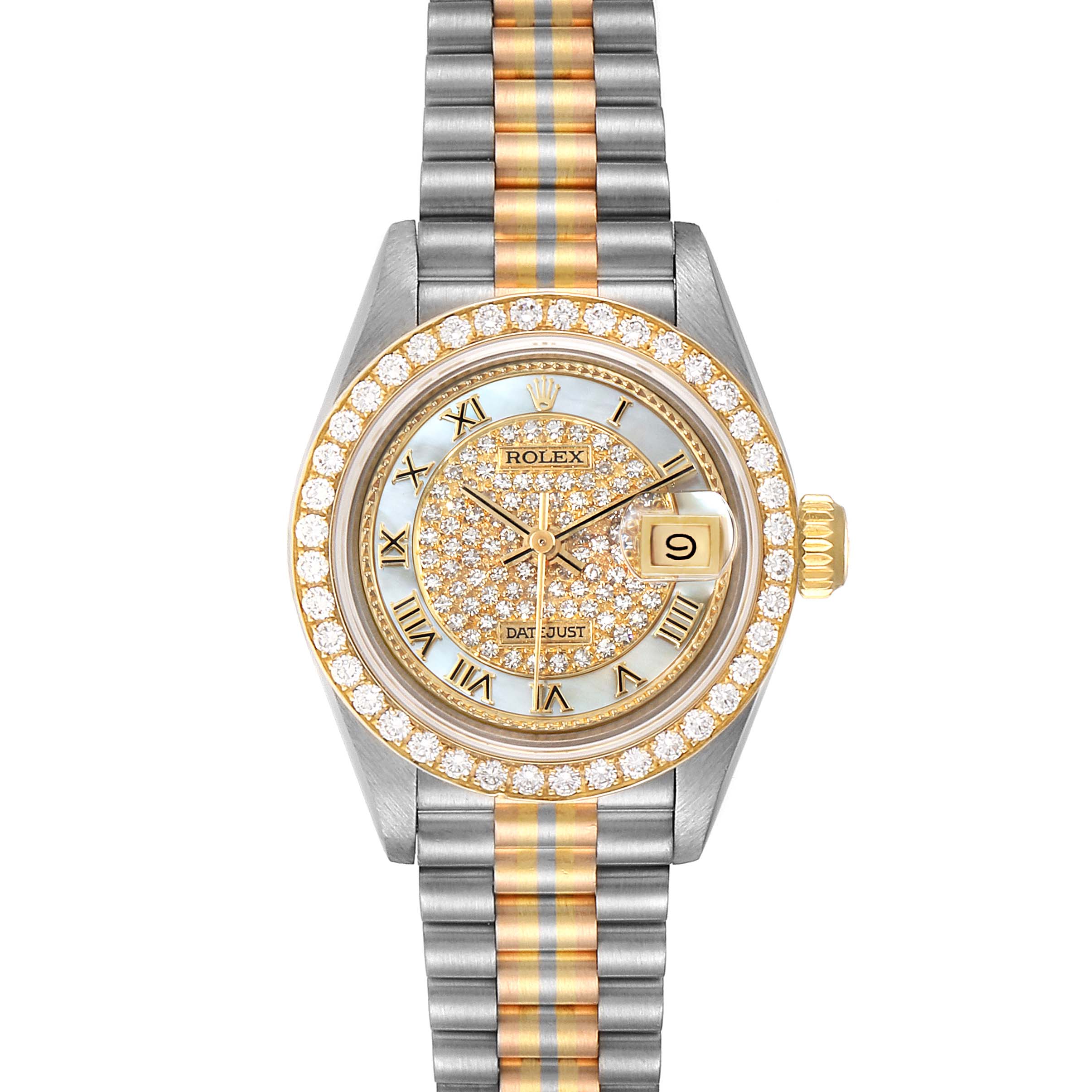 The image shows the front view of the Rolex President 69139 Women's Yellow Gold Mother of Pearl Dial 69139 Women's Yellow Gold Mother of Pearl Dial model watch, showcasing its bezel, dial, and bracelet.