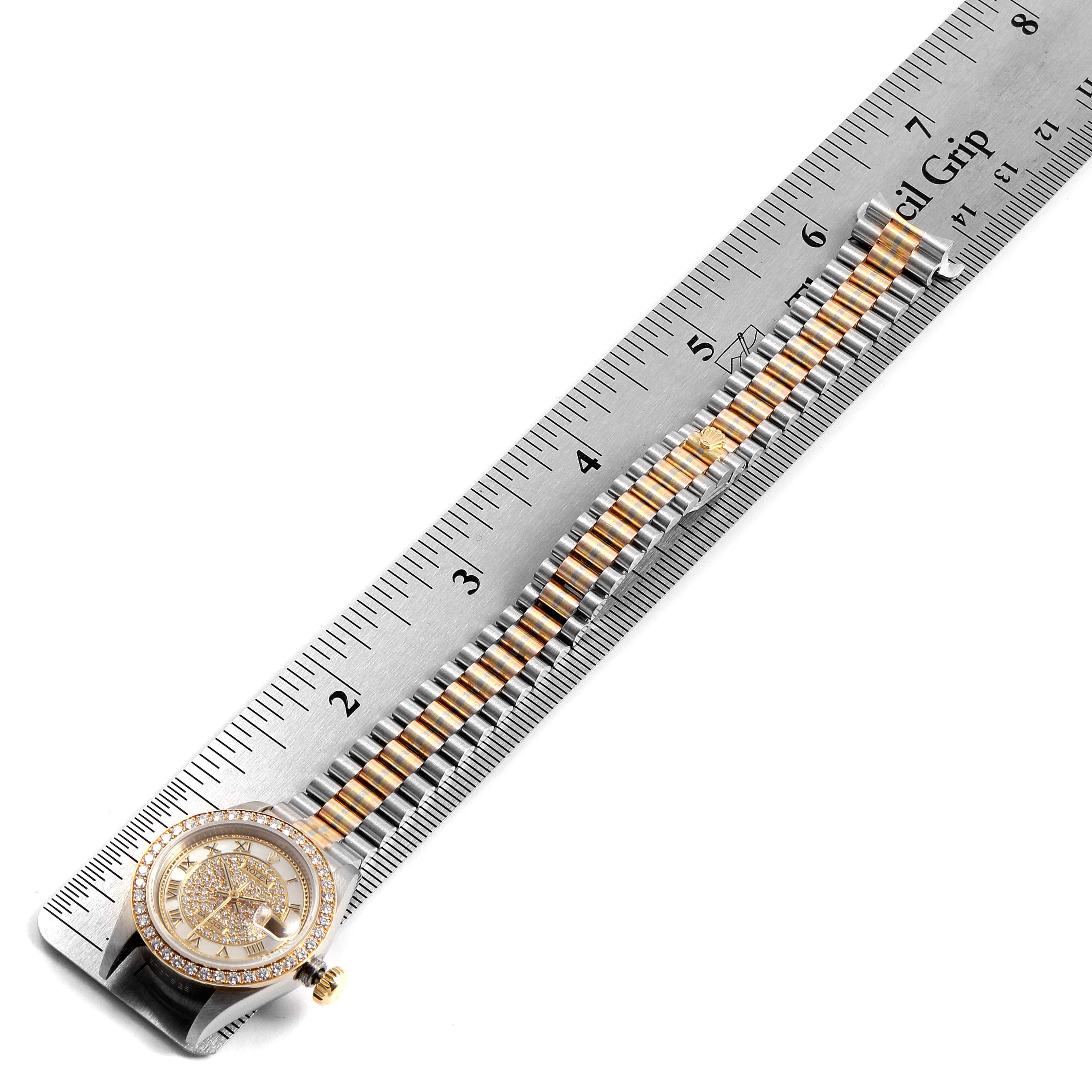 The image shows a Rolex President 69139 Women's Yellow Gold Mother of Pearl Dial 69139 Women's Yellow Gold Mother of Pearl Dial model watch from a top-down perspective, with the face, bezel, and bracelet visible.