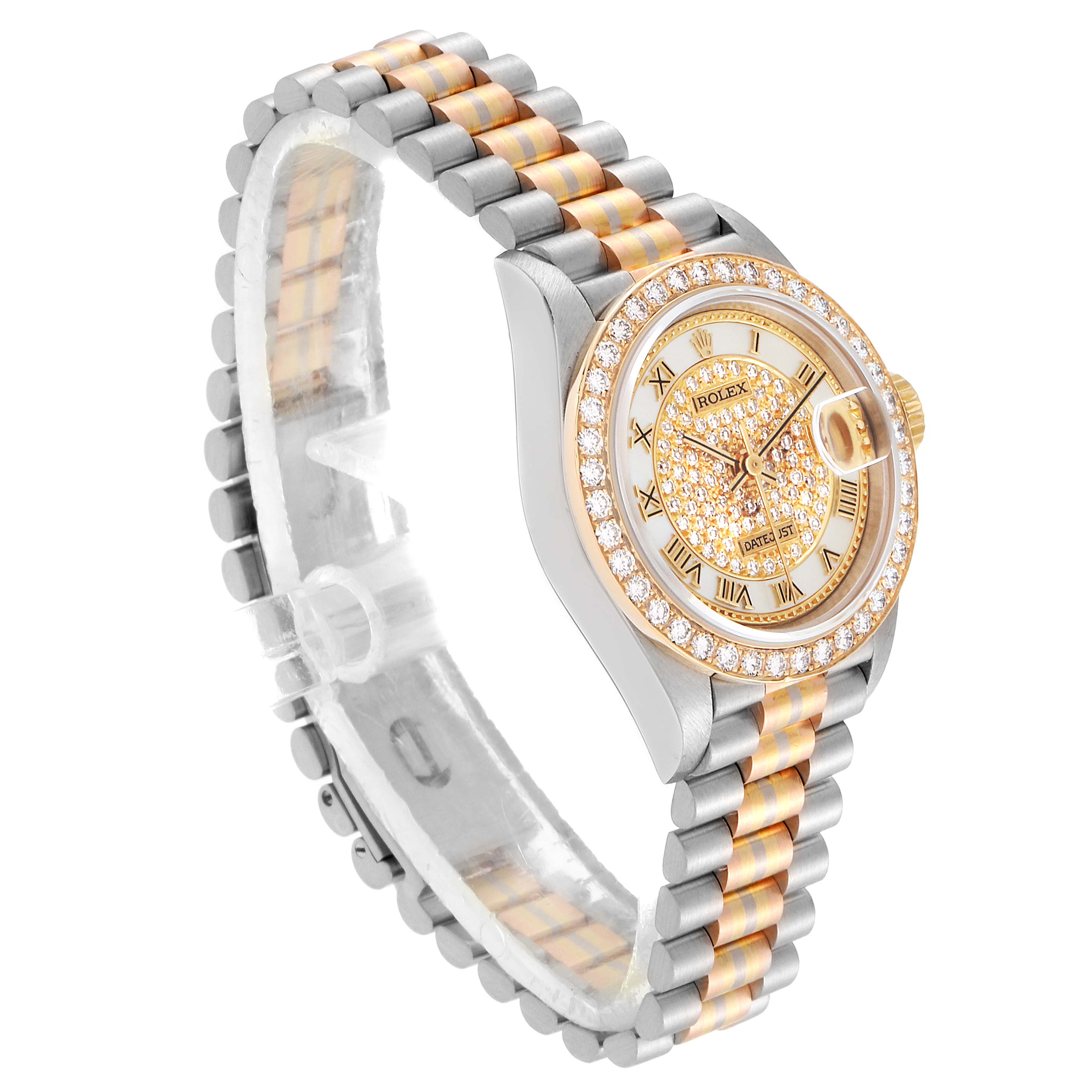 The image shows a Rolex President 69139 Women's Yellow Gold Mother of Pearl Dial 69139 Women's Yellow Gold Mother of Pearl Dial model watch at an angled view highlighting the bracelet, dial, bezel, and crown.