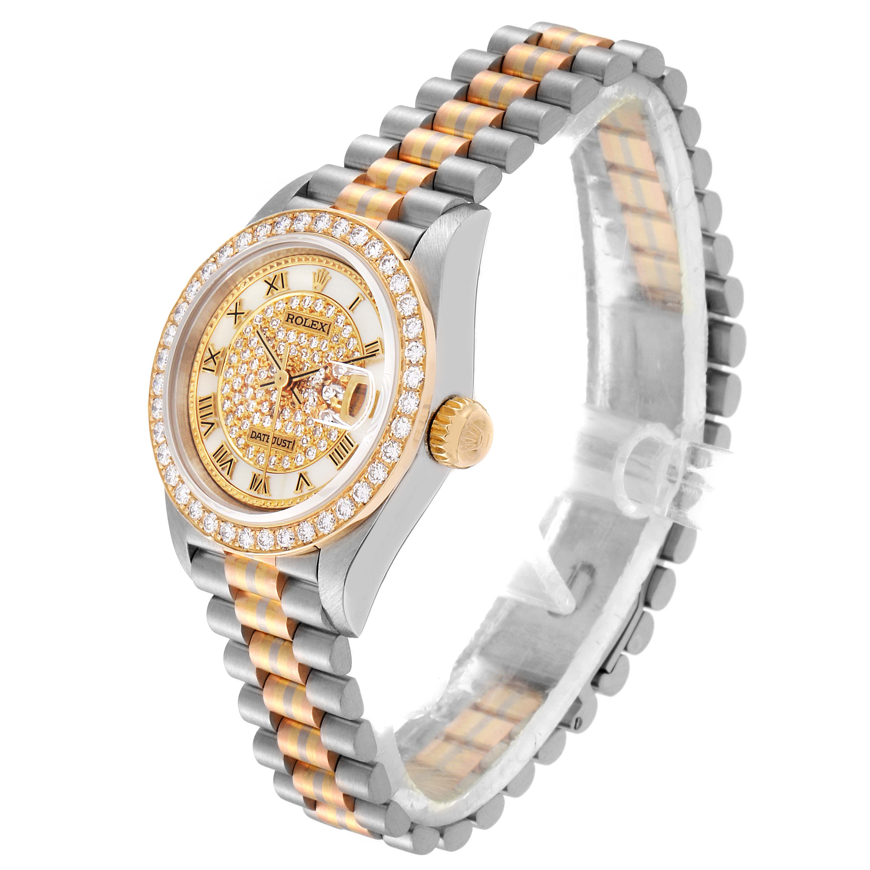 This image shows a Rolex President 69139 Women's Yellow Gold Mother of Pearl Dial 69139 Women's Yellow Gold Mother of Pearl Dial Model watch at a three-quarter angle, highlighting its face, bezel, crown, and bracelet.