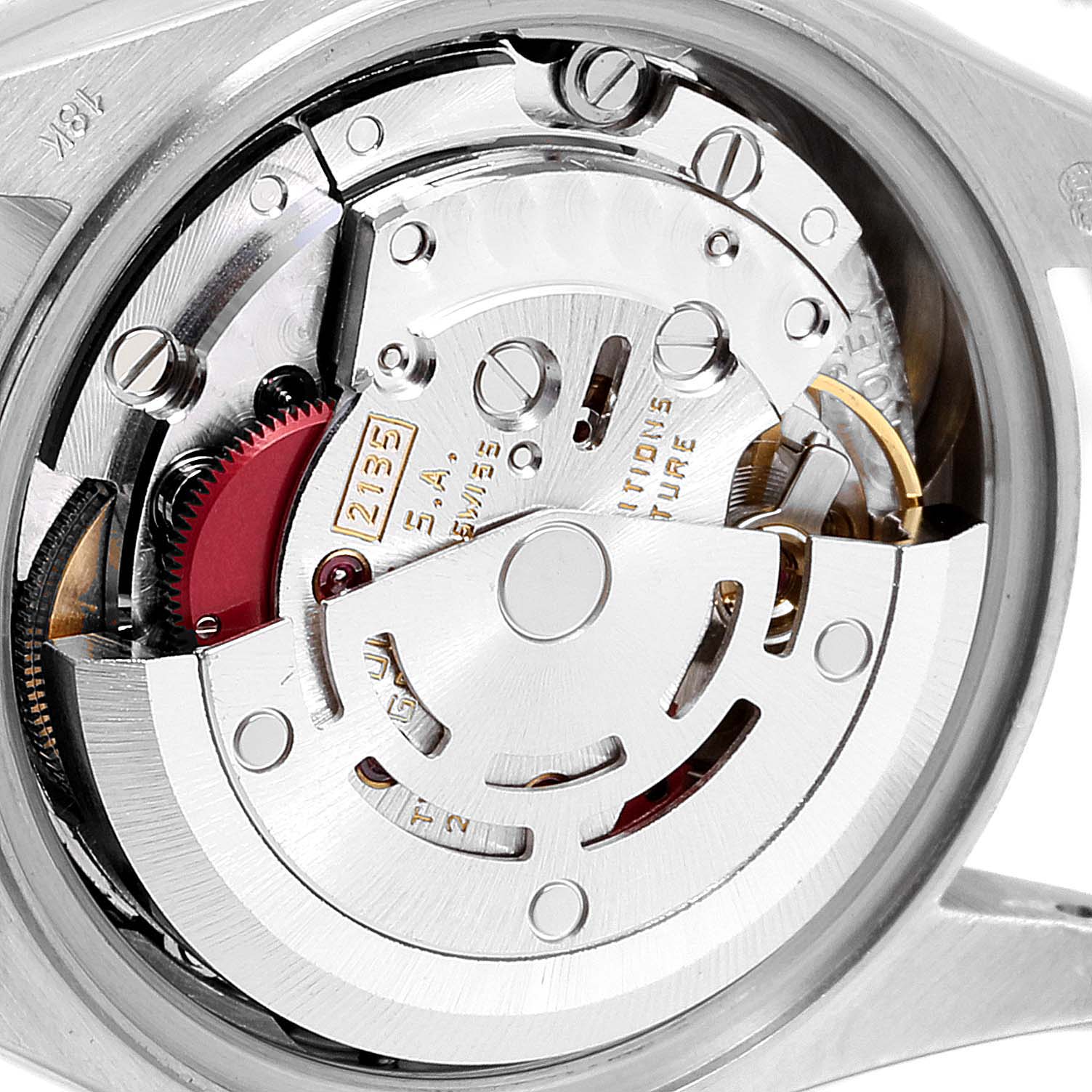 This image shows the intricate internal mechanics of a Rolex President 69139 Women's Yellow Gold Mother of Pearl Dial 69139 Women's Yellow Gold Mother of Pearl Dial model watch, focusing on its movement components.