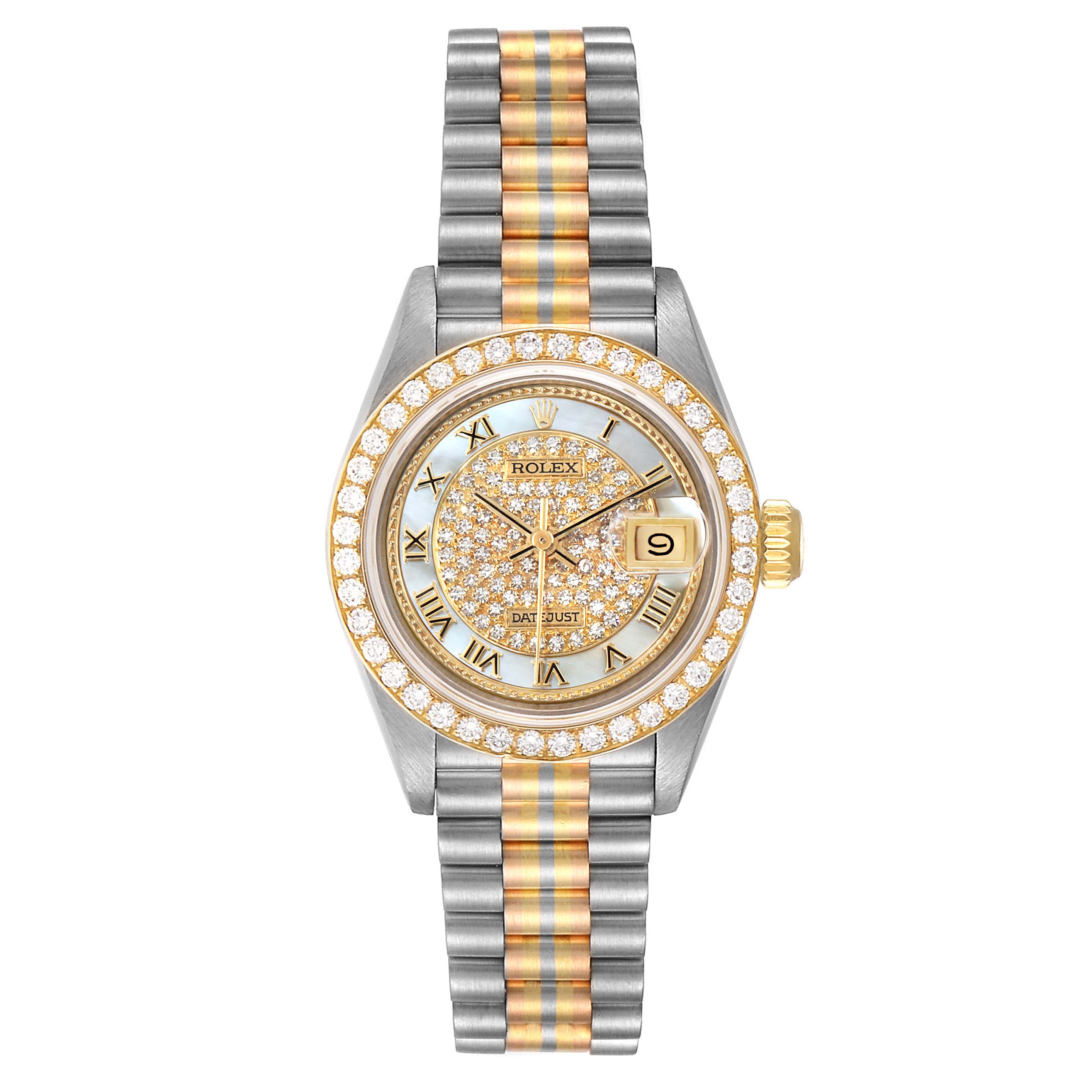 The Rolex President 69139 Women's Yellow Gold Mother of Pearl Dial 69139 Women's Yellow Gold Mother of Pearl Dial model is shown from the front, displaying its dial, date window, bezel, and bracelet.