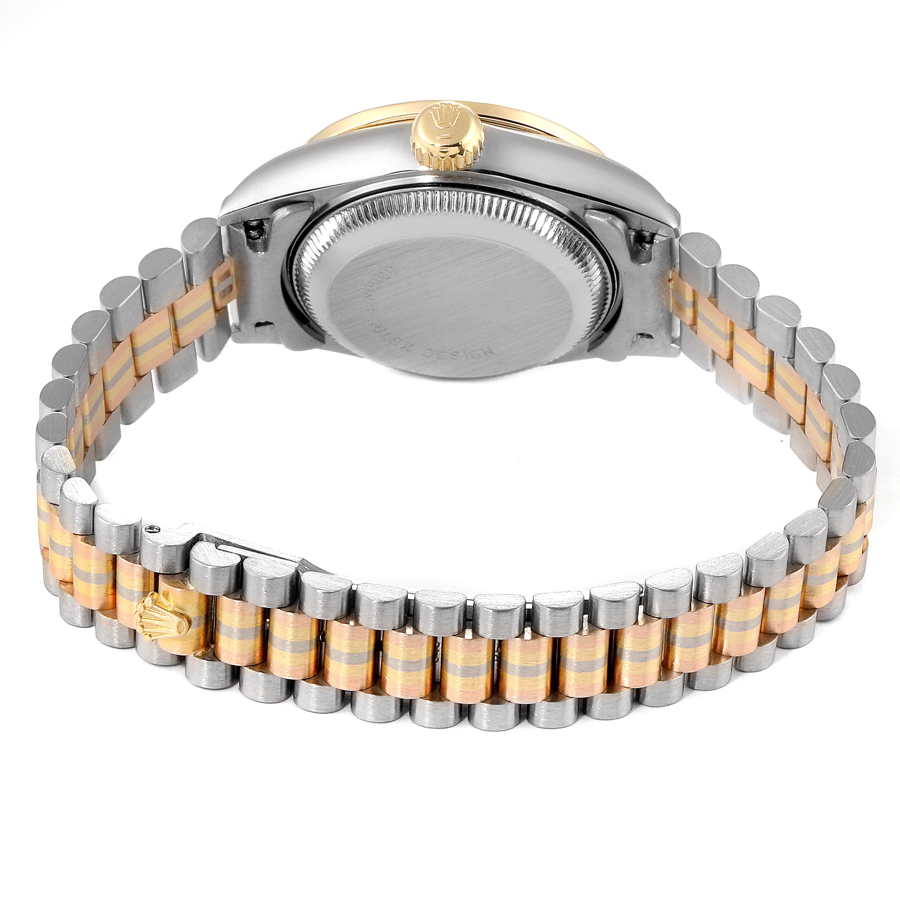 The image shows the back case and bracelet of a Rolex President 69139 Women's Yellow Gold Mother of Pearl Dial 69139 Women's Yellow Gold Mother of Pearl Dial model watch from a rear angle view.