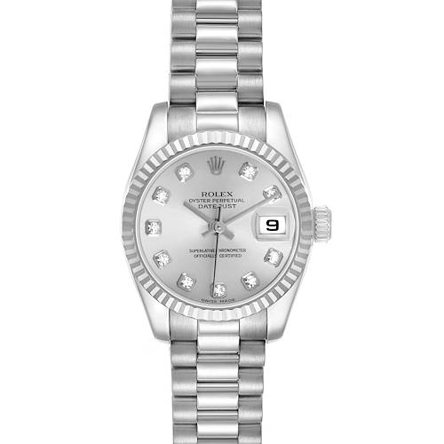 The Rolex Datejust 179179 Women's White Gold Silver Dial watch is shown from a top-down angle, highlighting its face, dial, and bracelet.
