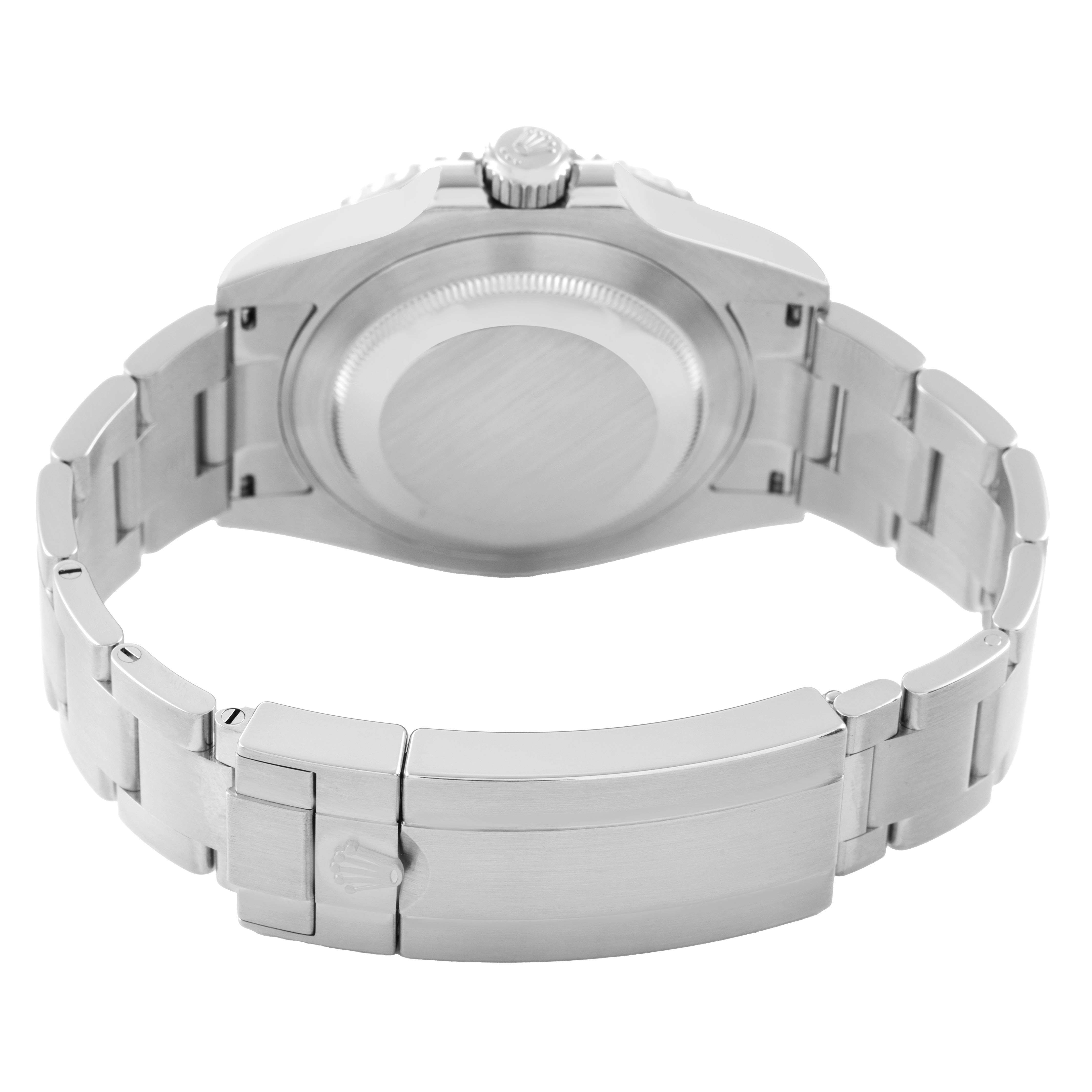 The image shows the back case and bracelet clasp of a Rolex Submariner 124060 Men's Stainless Steel Black Dial watch from a rear angle.