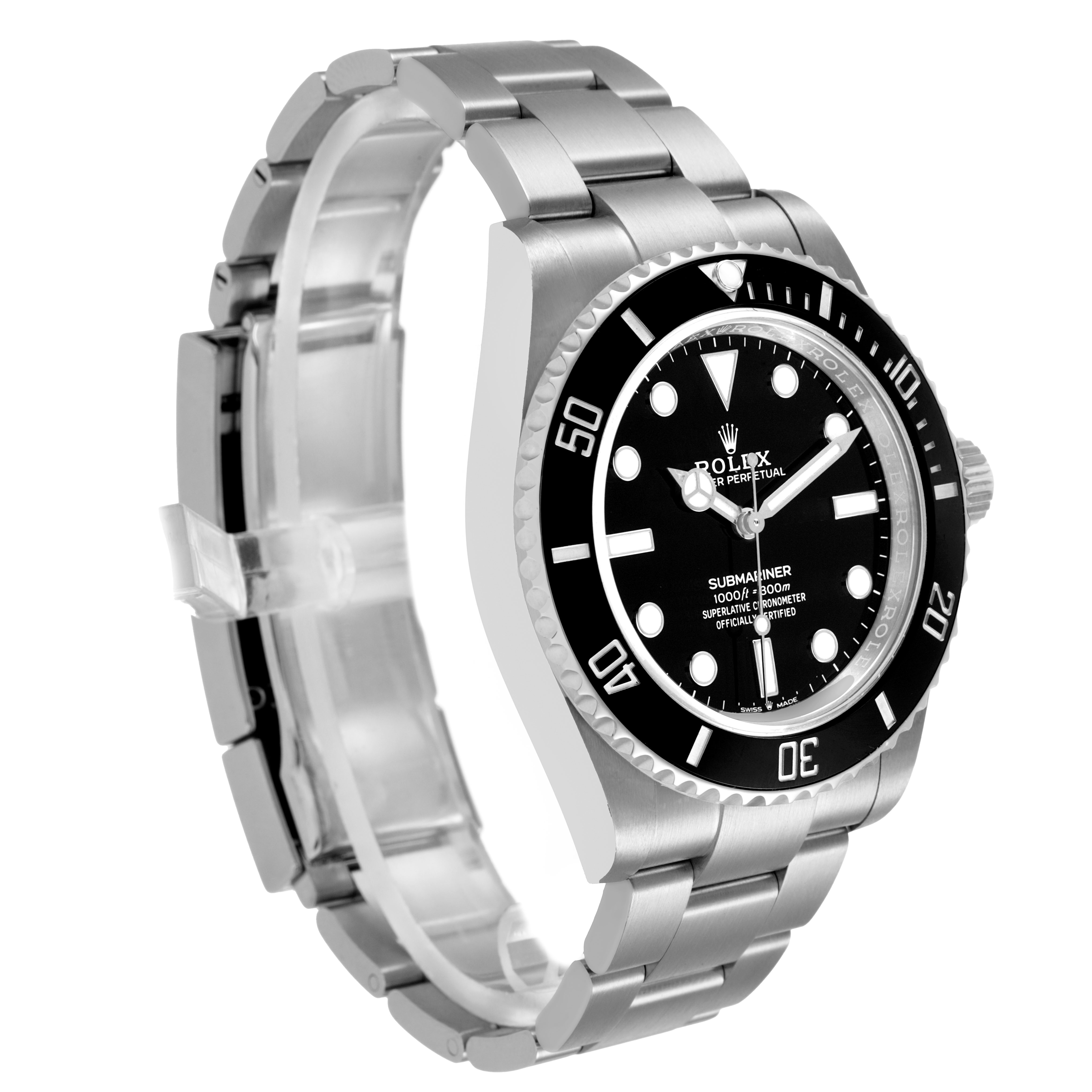 The Rolex Submariner 124060 Men's Stainless Steel Black Dial is shown at a three-quarter angle, displaying its face, bezel, crown, and bracelet.