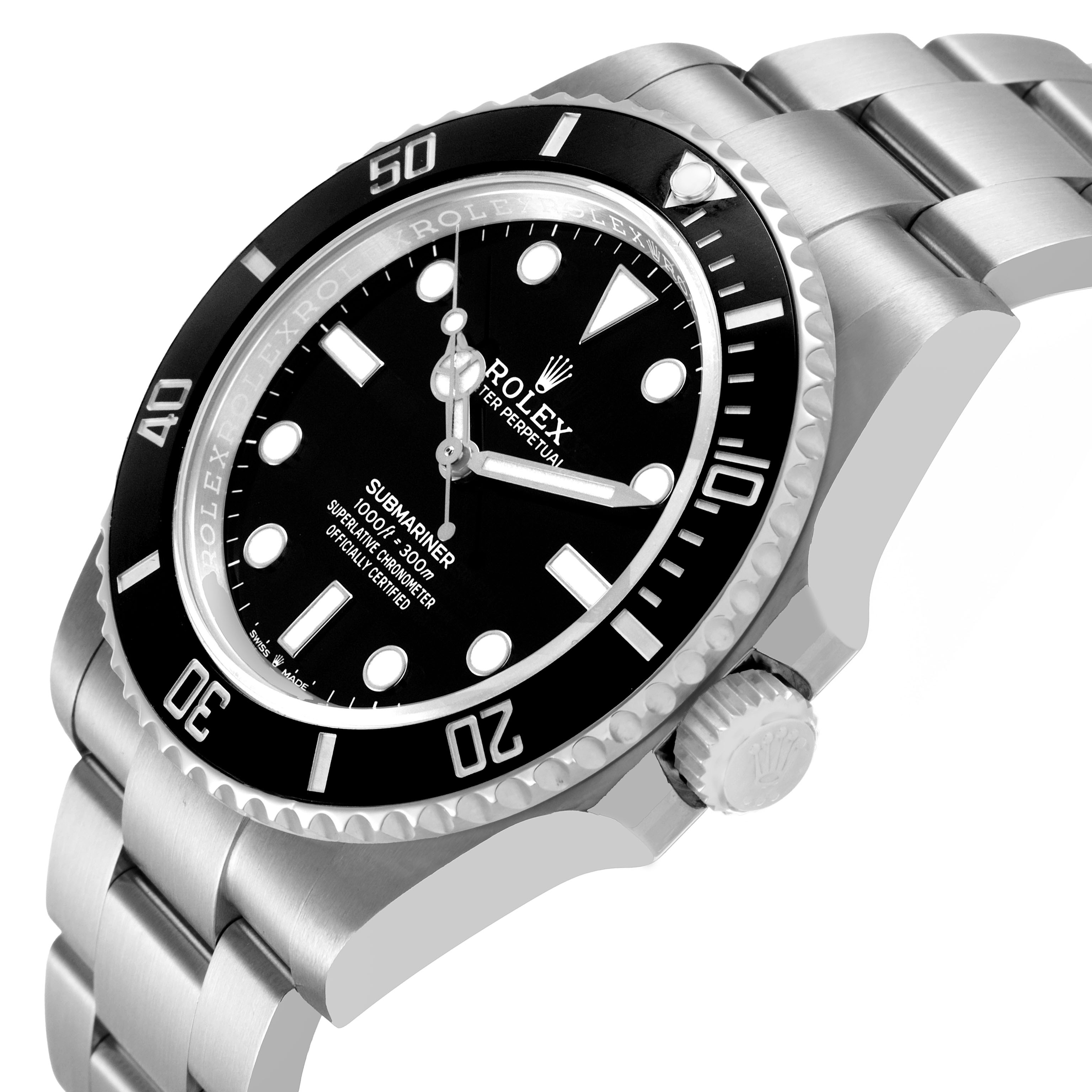 The Rolex Submariner 124060 Men's Stainless Steel Black Dial watch is shown at an angled side view, highlighting the case, bezel, dial, and stainless steel bracelet.