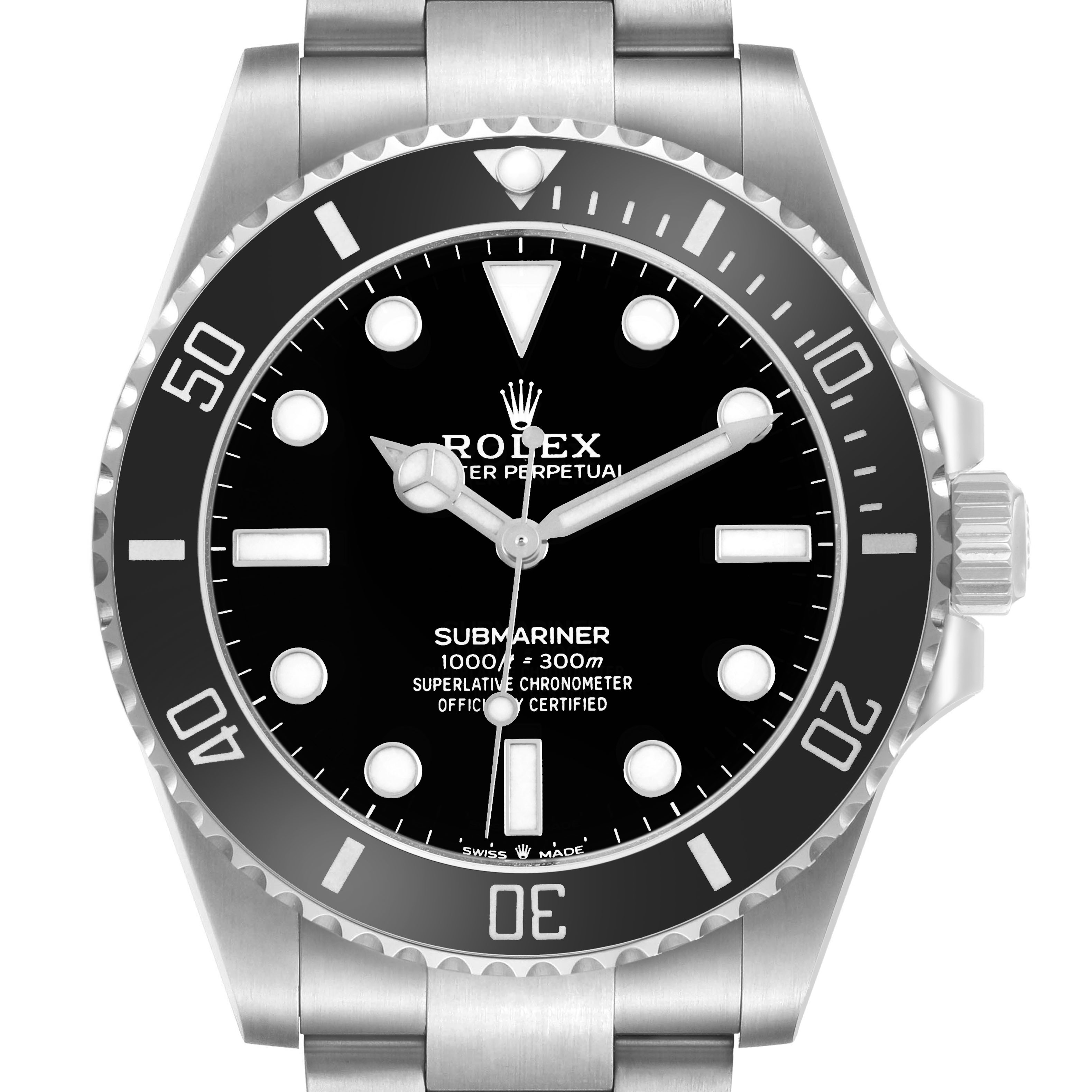 The Rolex Submariner 124060 Men's Stainless Steel Black Dial watch is shown from a front angle, highlighting the bezel, dial, and hands.