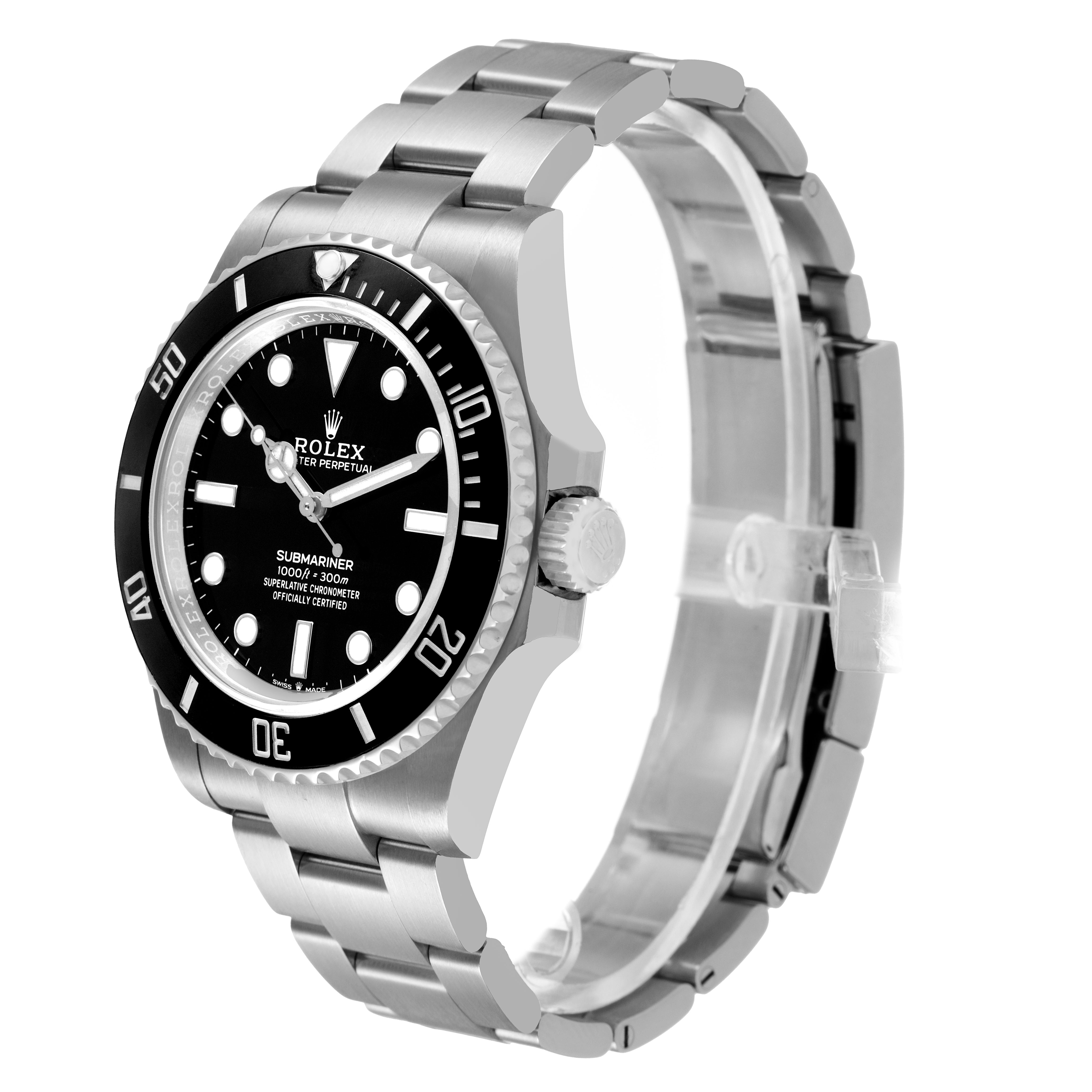 The Rolex Submariner 124060 Men's Stainless Steel Black Dial watch is shown at a three-quarter angle, displaying its face, bezel, and partially open bracelet.