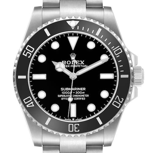 The Rolex Submariner 124060 Men's Stainless Steel Black Dial watch is shown from a front view, highlighting the dial, bezel, and part of the bracelet.