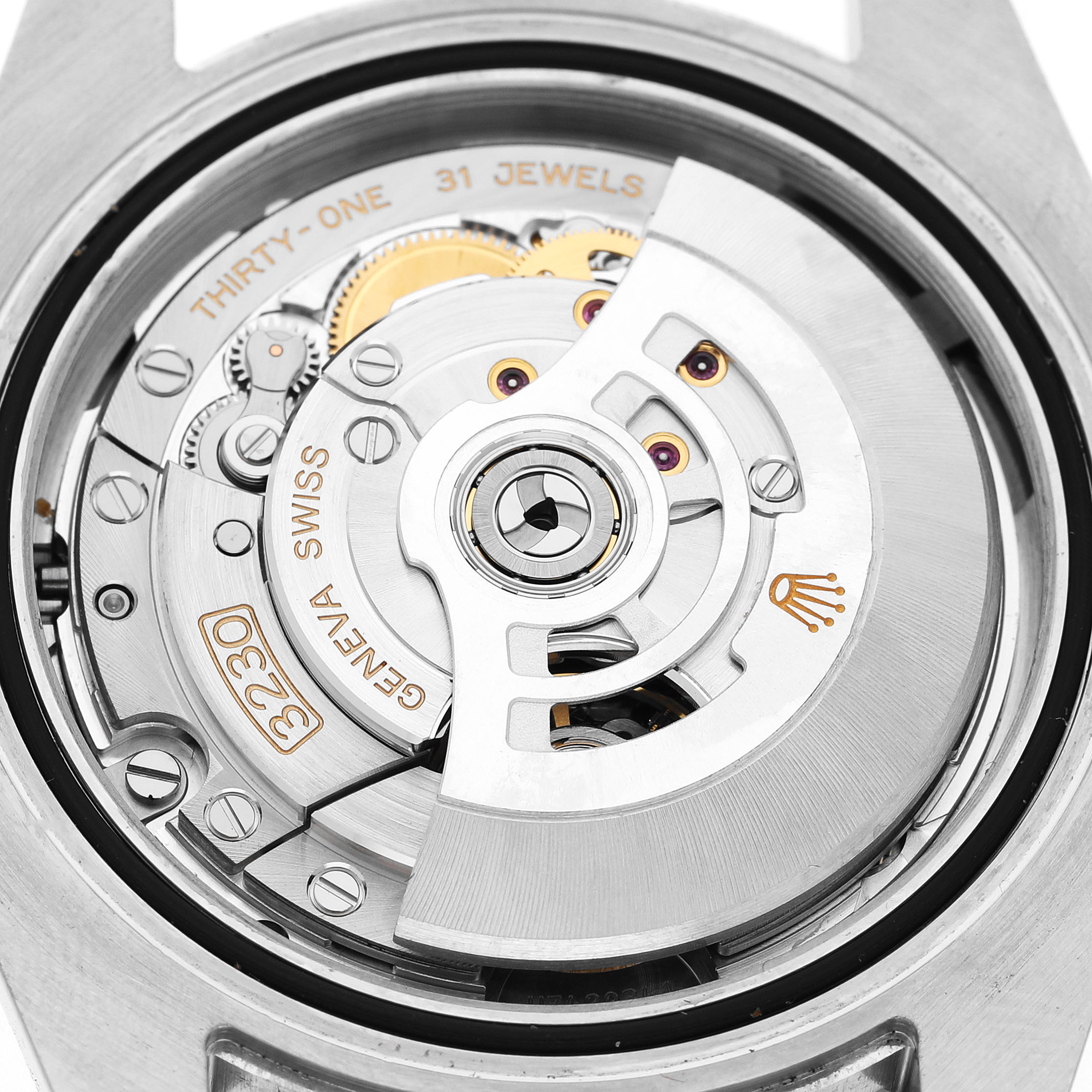 The image shows the movement mechanism of a Rolex Submariner 124060 Men's Stainless Steel Black Dial watch from the back, highlighting the intricate gears and rotor.
