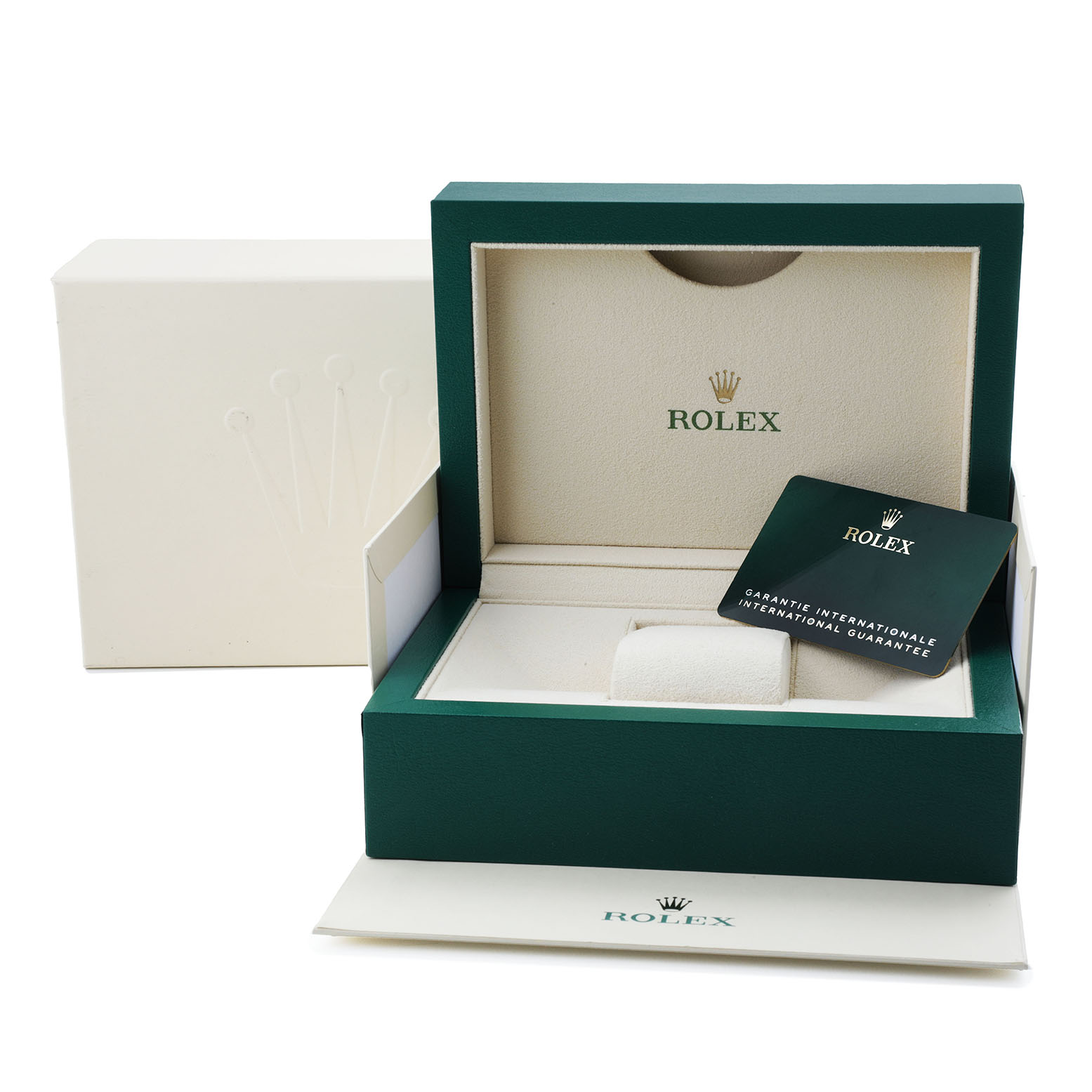 The image shows an open box for a Rolex Submariner 124060 Men's Stainless Steel Black Dial, displaying a warranty card and inner cushion.