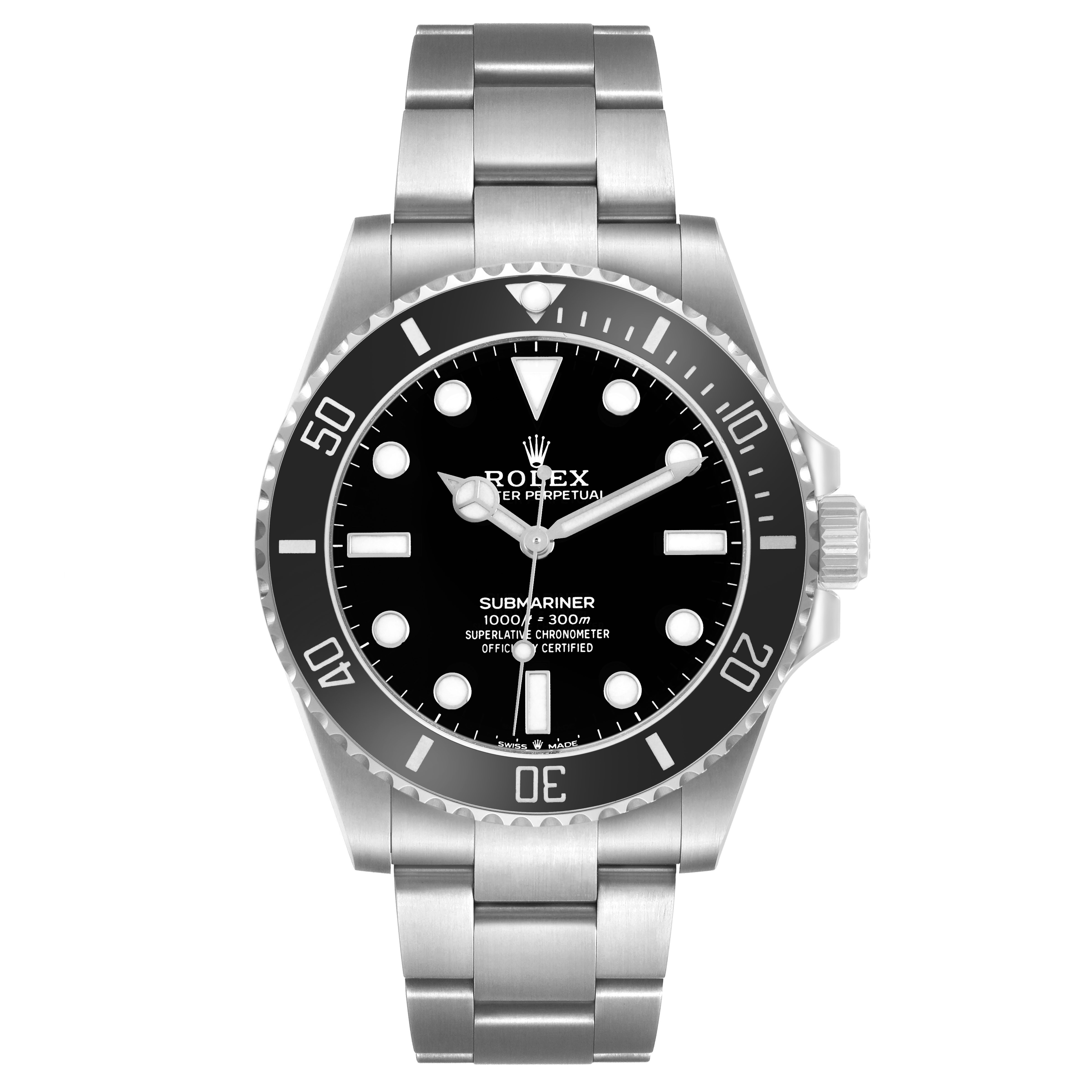 The Rolex Submariner 124060 Men's Stainless Steel Black Dial watch is shown from the front, displaying the dial, bezel, and bracelet.