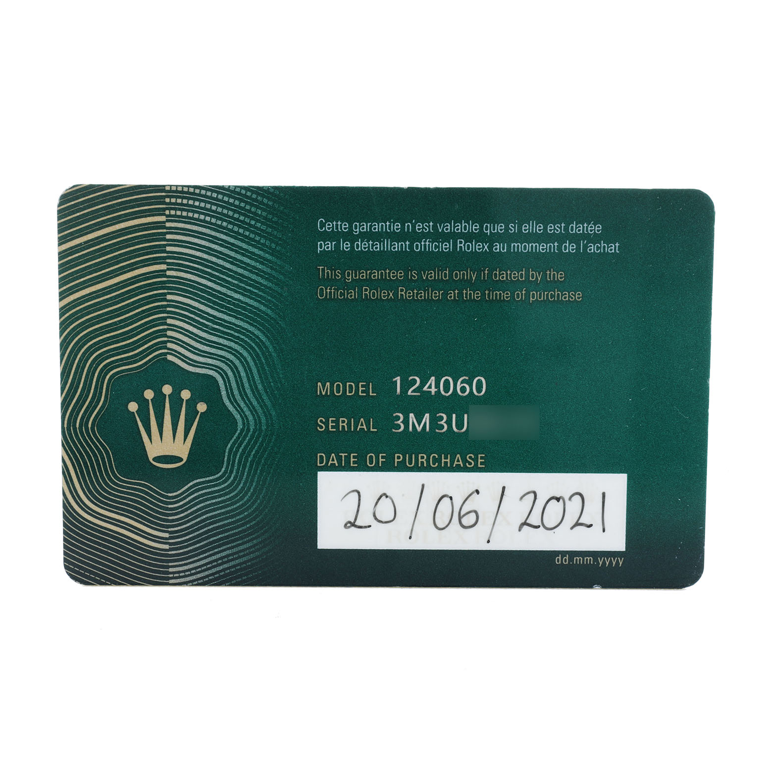 The image shows a warranty card for a Rolex Submariner 124060 Men's Stainless Steel Black Dial, model 124060.
