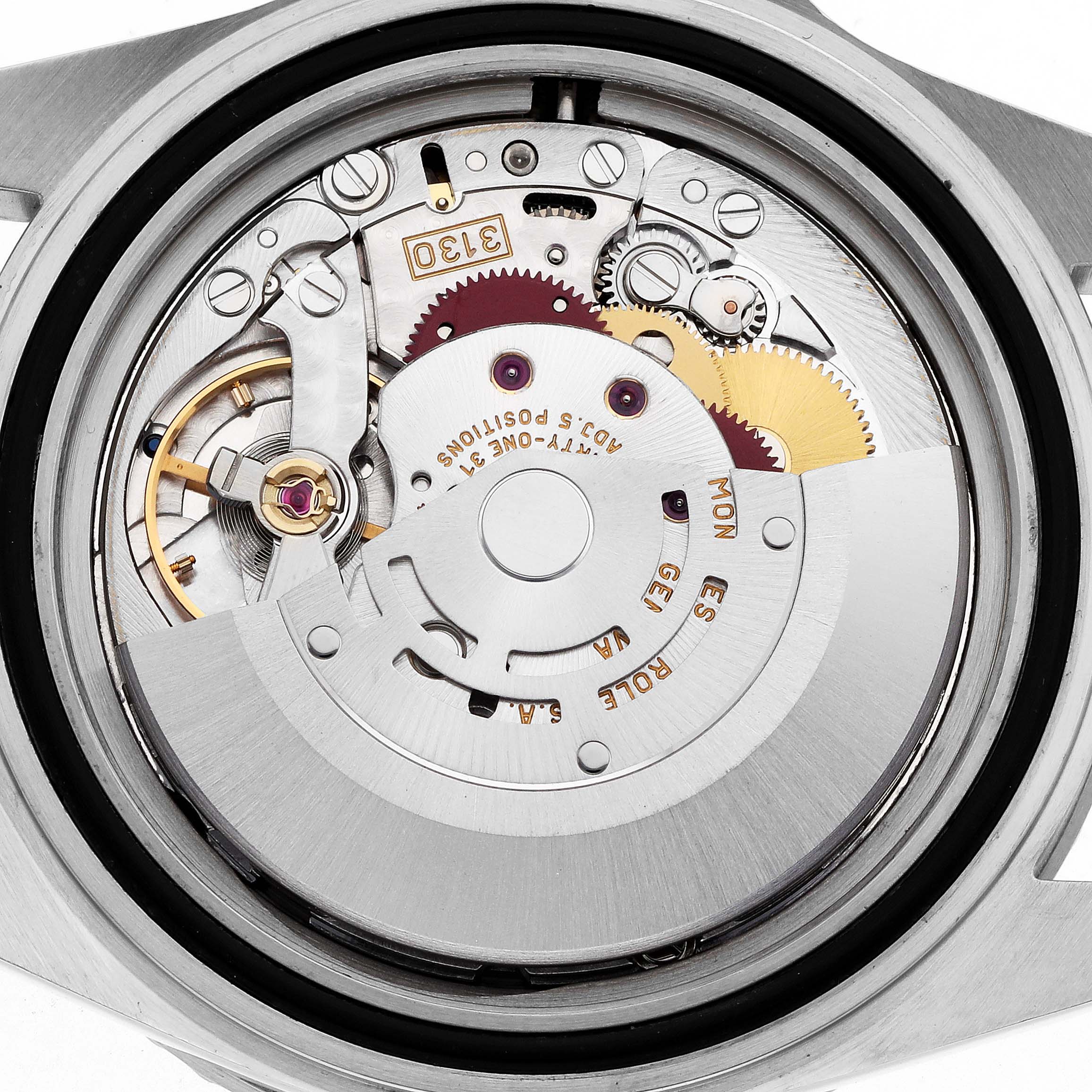 The image shows the movement of a Rolex Submariner 14060 Men's Stainless Steel Black Dial watch from a back view, highlighting the intricate gears and rotor.