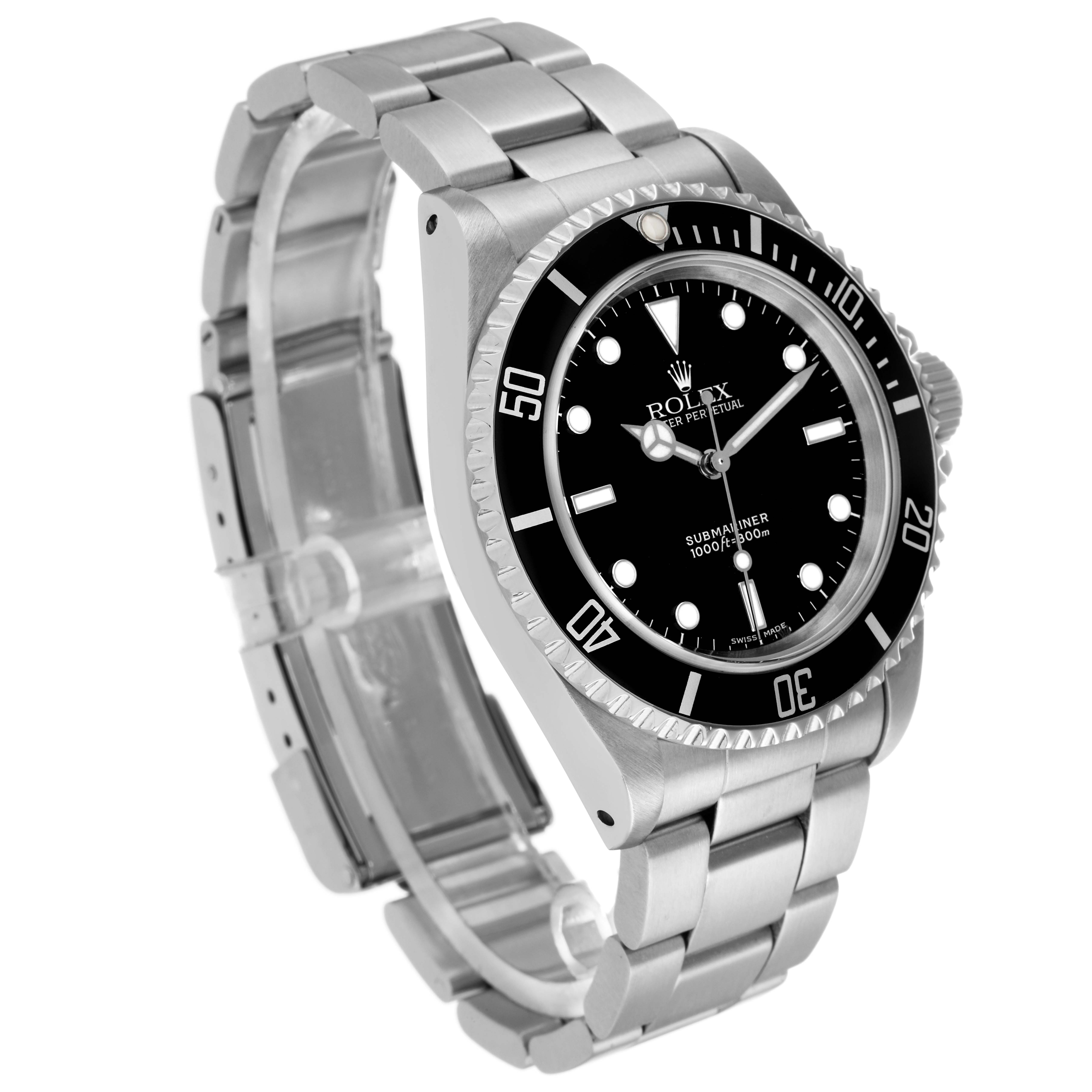 The Rolex Submariner 14060 Men's Stainless Steel Black Dial watch is shown at an angle highlighting the face, bezel, crown, and bracelet.