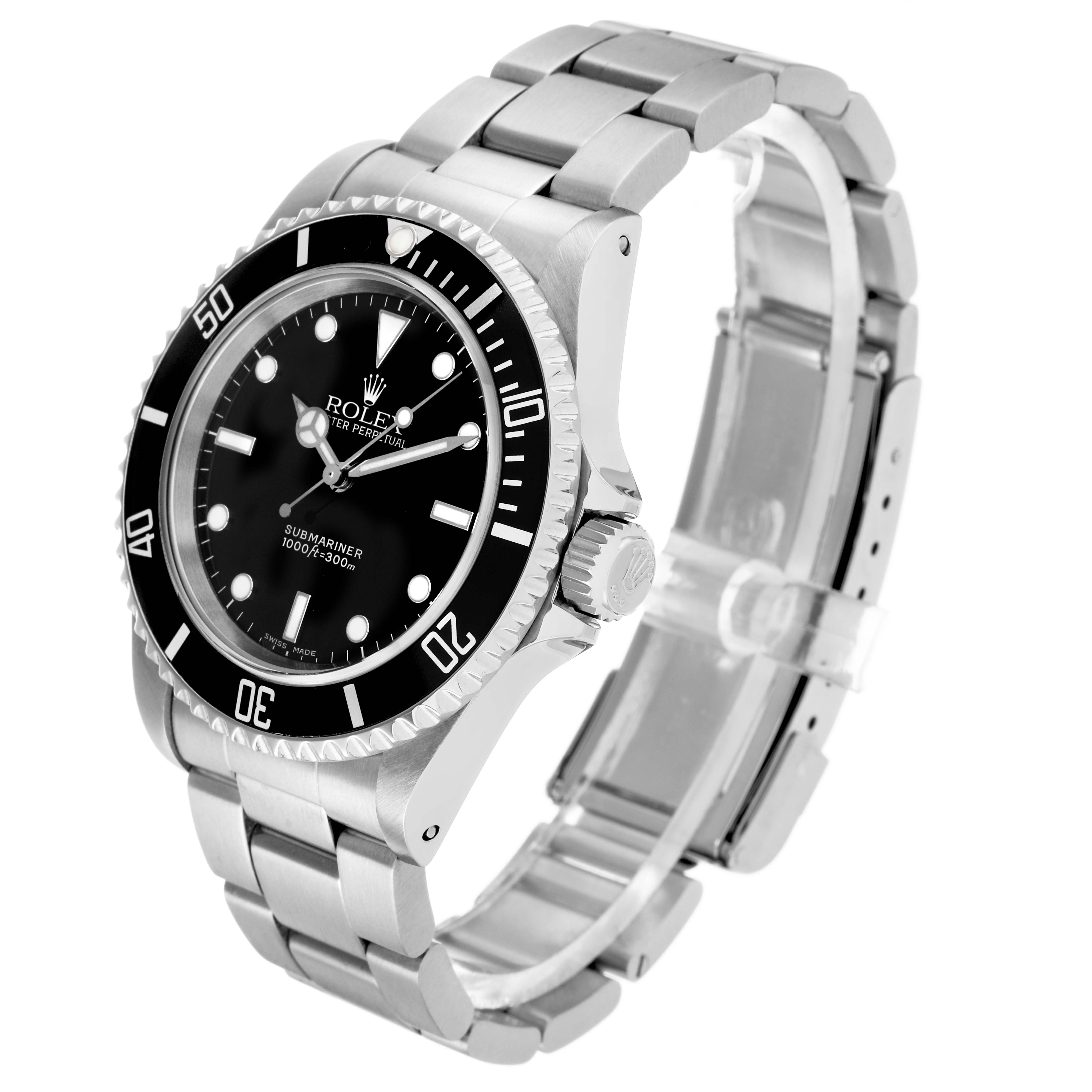 The Rolex Submariner 14060 Men's Stainless Steel Black Dial is shown at a three-quarter angle, displaying the face, bezel, crown, and bracelet.