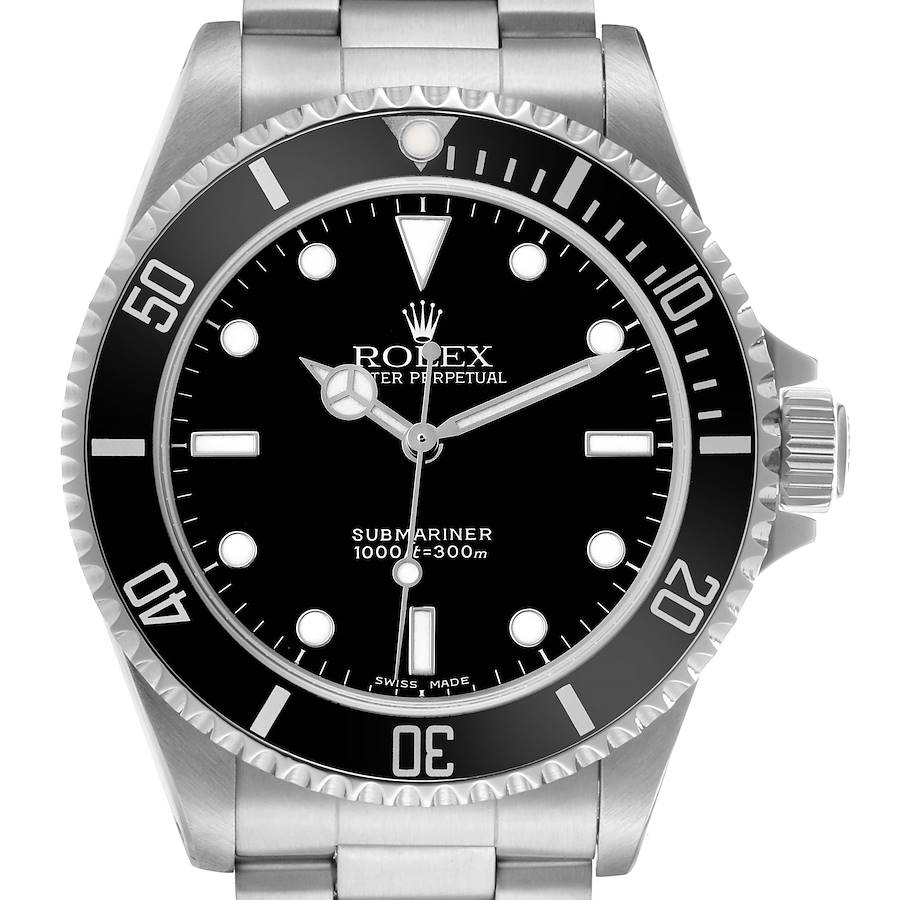 The Rolex Submariner 14060 Men's Stainless Steel Black Dial watch is shown from a front angle, highlighting the dial, bezel, and part of the bracelet.