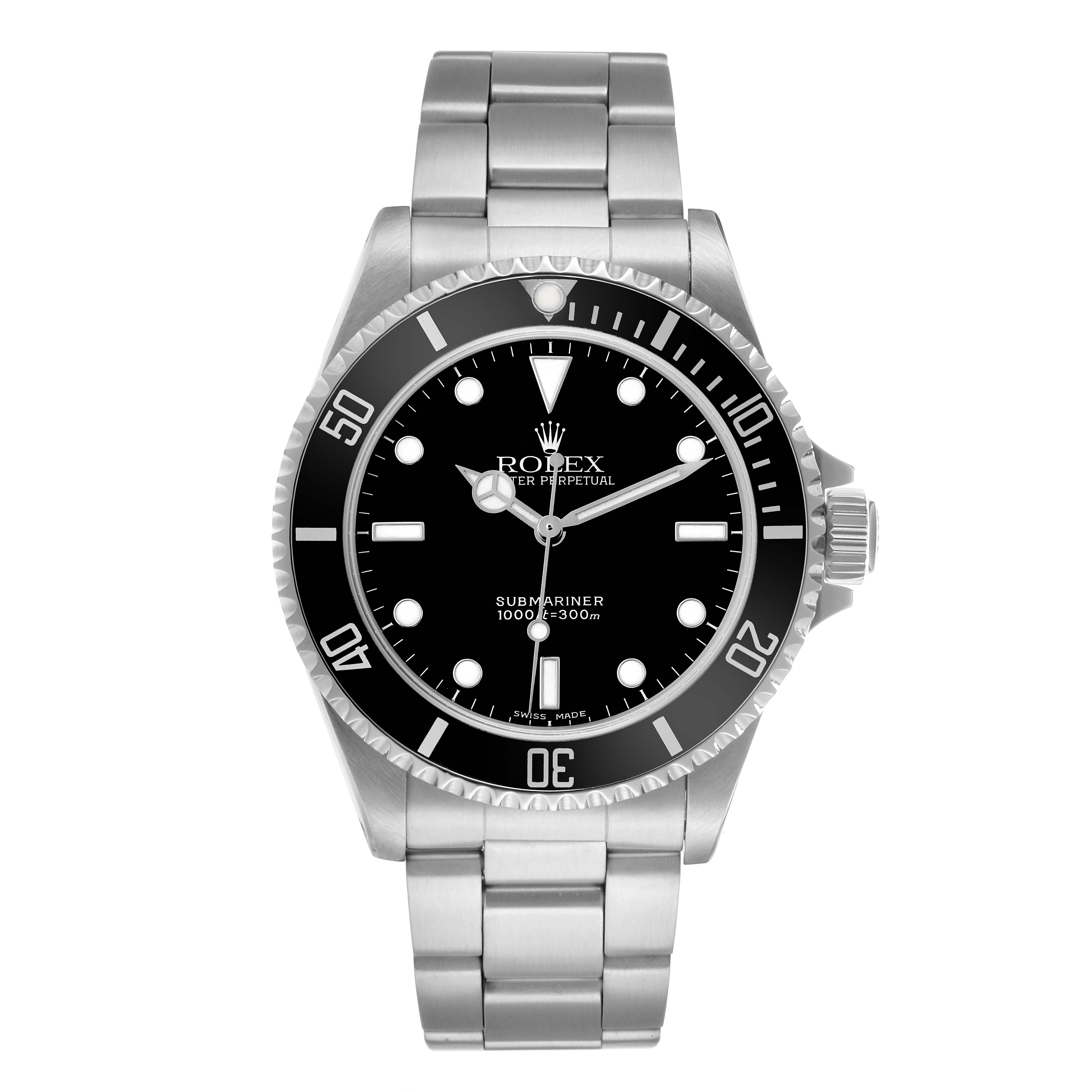The Rolex Submariner 14060 Men's Stainless Steel Black Dial watch is shown from a front angle, featuring the bezel, dial, and bracelet.