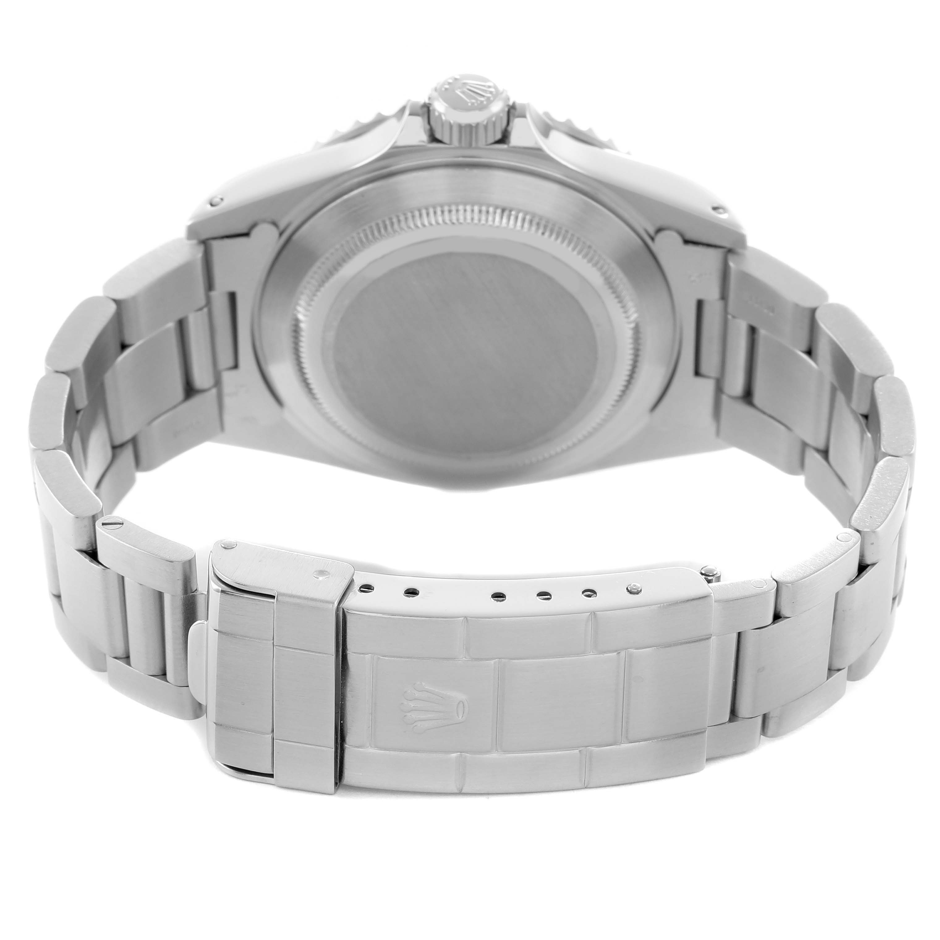 The image shows the back and bracelet of a Rolex Submariner 14060 Men's Stainless Steel Black Dial, highlighting the clasp and case back.