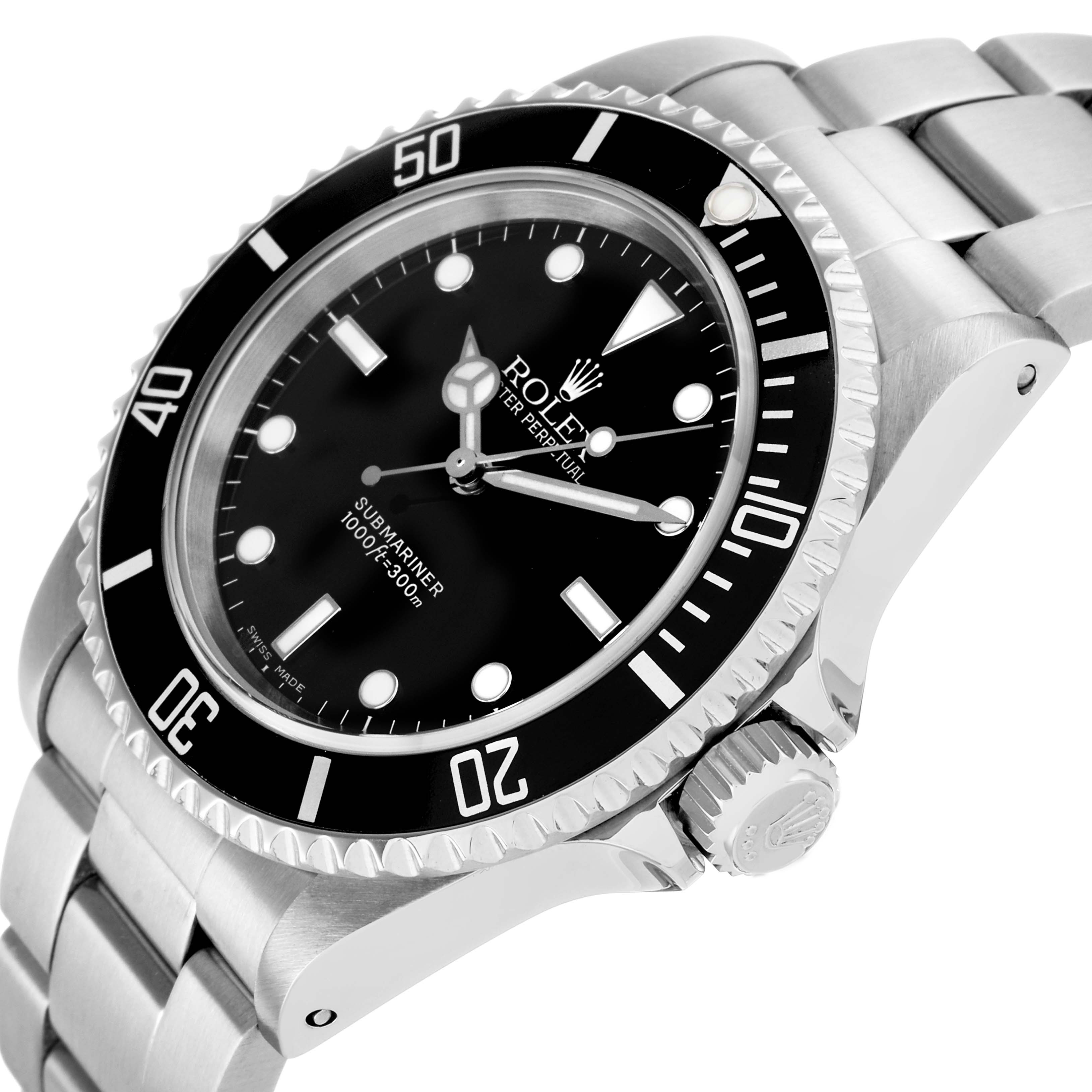 The Rolex Submariner 14060 Men's Stainless Steel Black Dial watch is shown at an angled side view, highlighting the black dial, rotating bezel, crown, and bracelet.