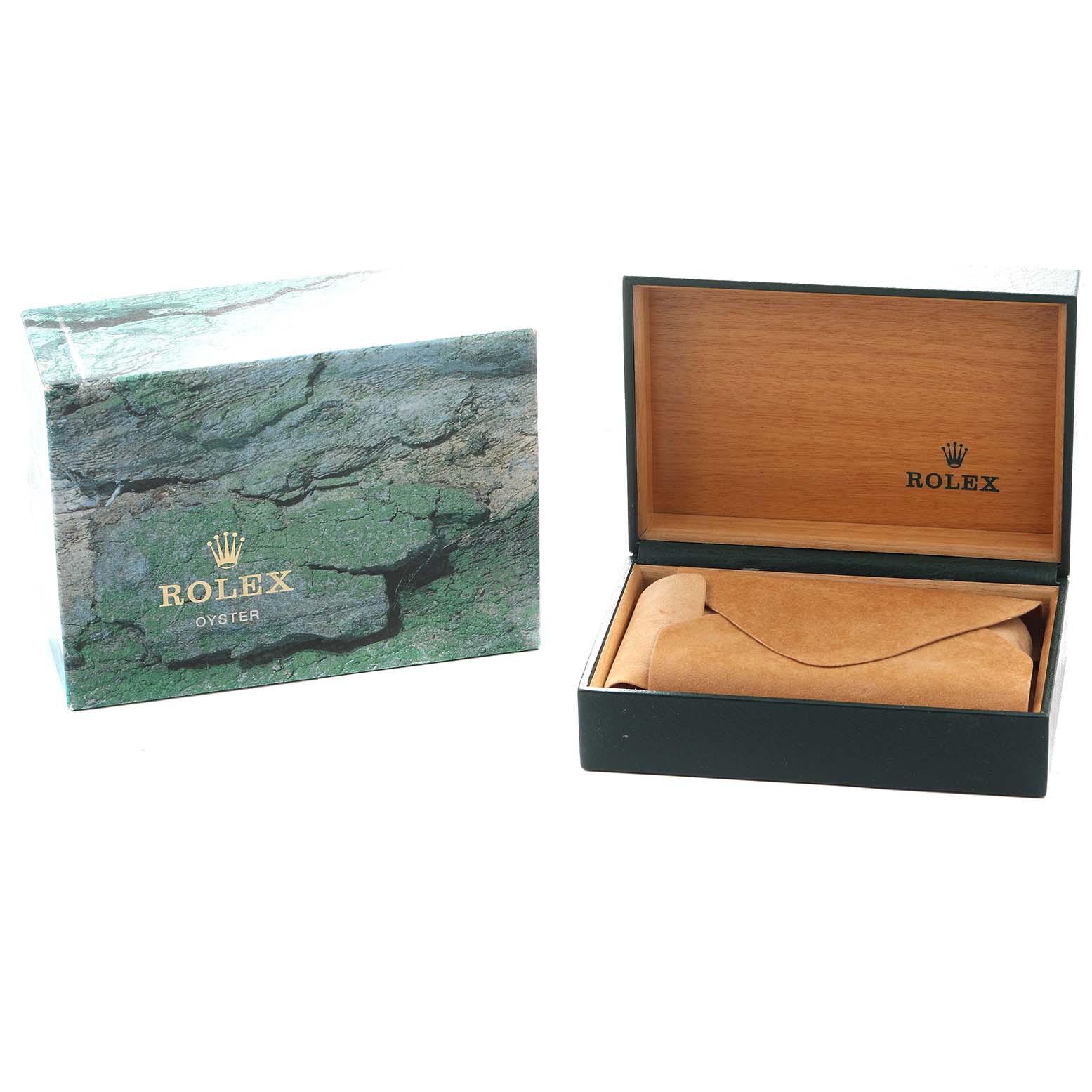 The image shows the packaging for a Rolex Submariner 14060 Men's Stainless Steel Black Dial, including a closed green outer box and an open wooden inner box with a suede cushion.
