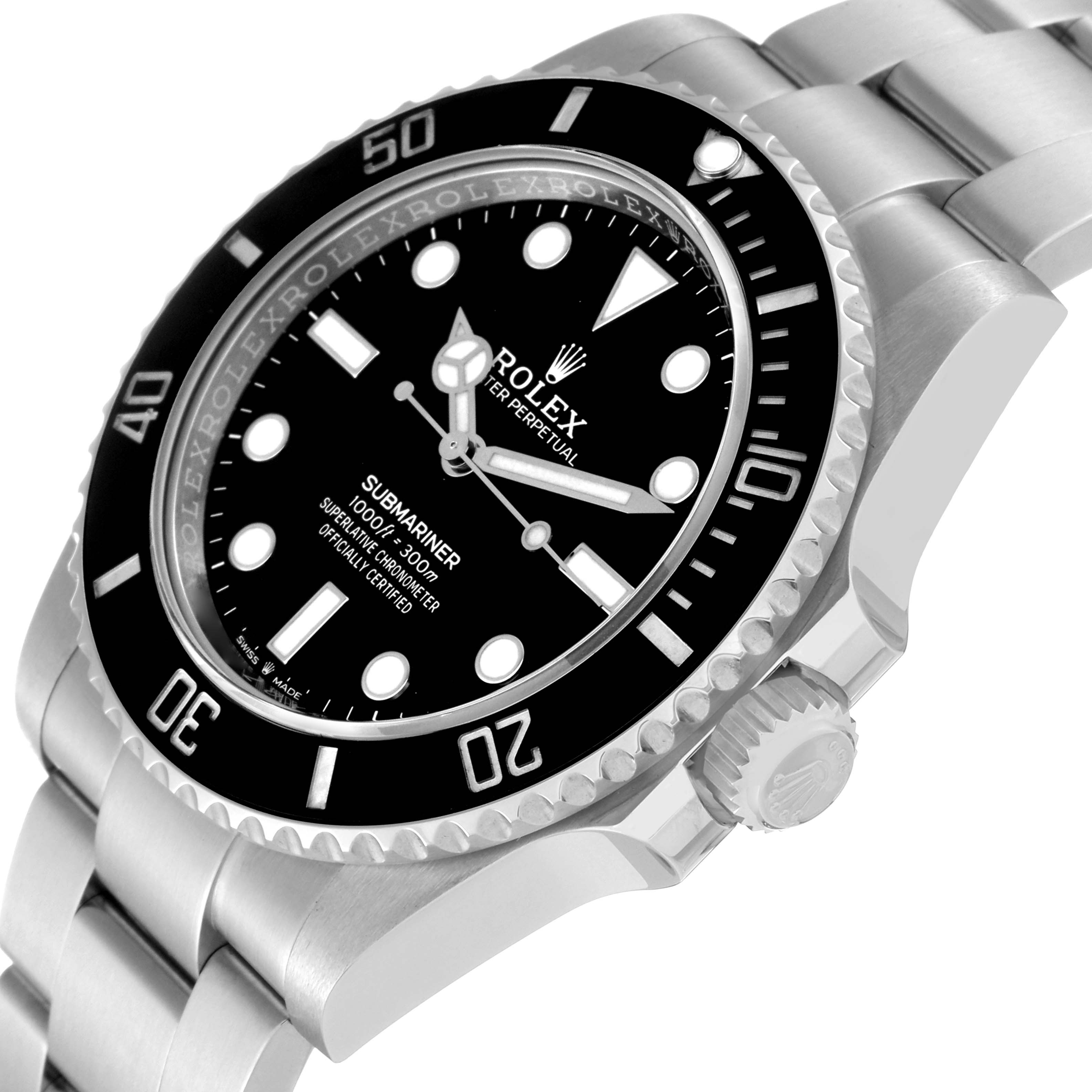 The image displays a close-up of the Rolex Submariner 124060 Men
s Stainless Steel Black Dial 124060 Men
s Stainless Steel Black Dial watch at a three-quarter angle, highlighting the dial, bezel, crown, and part of the bracelet.