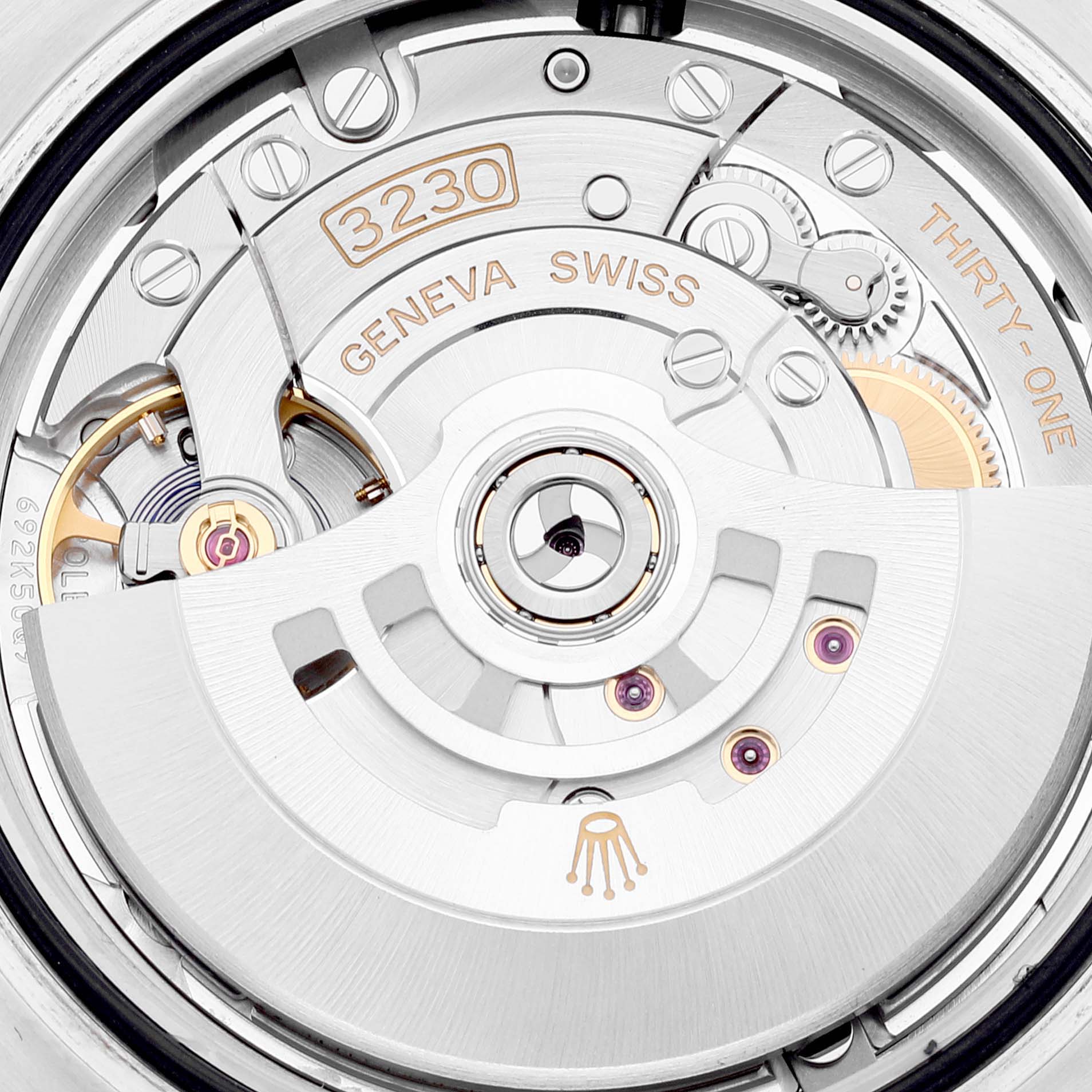 This image shows the intricate movement mechanism of a Rolex Submariner 124060 Men
s Stainless Steel Black Dial 124060 Men
s Stainless Steel Black Dial watch, specifically focusing on the caliber 3230.