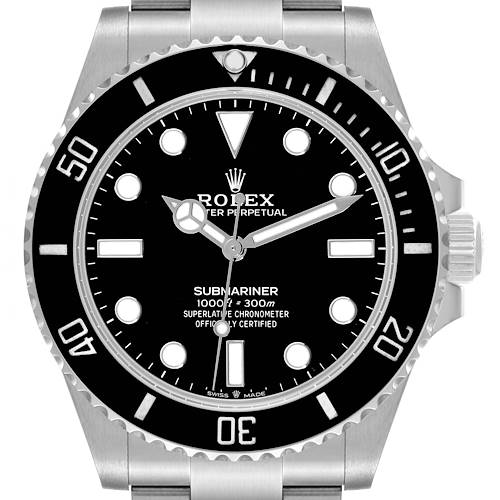 This image shows a front view of a Rolex Submariner watch, highlighting its face, bezel, hands, and part of the bracelet.