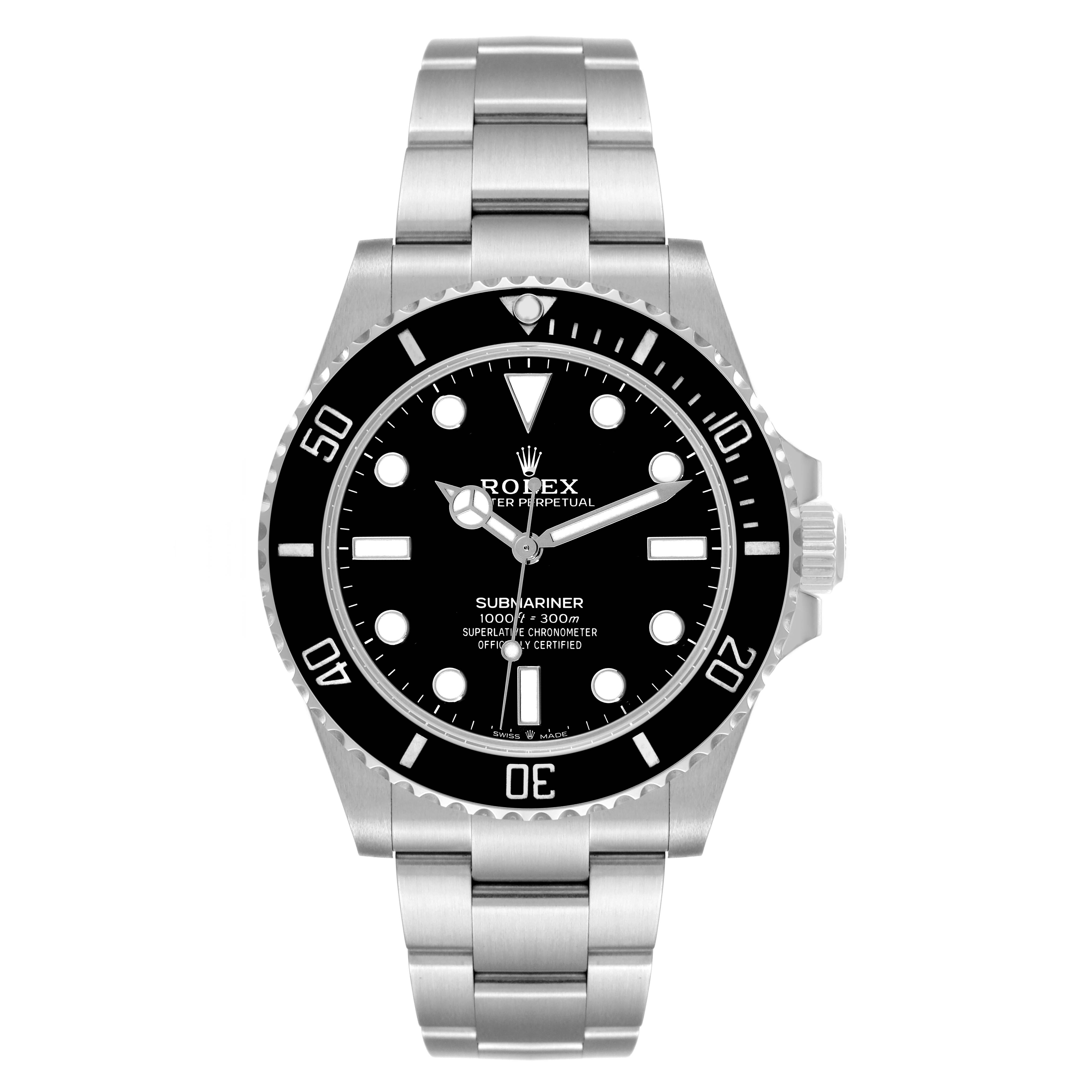 The image shows a front view of the Rolex Submariner 124060 Men
s Stainless Steel Black Dial 124060 Men
s Stainless Steel Black Dial watch, displaying the dial, bezel, and stainless steel bracelet.