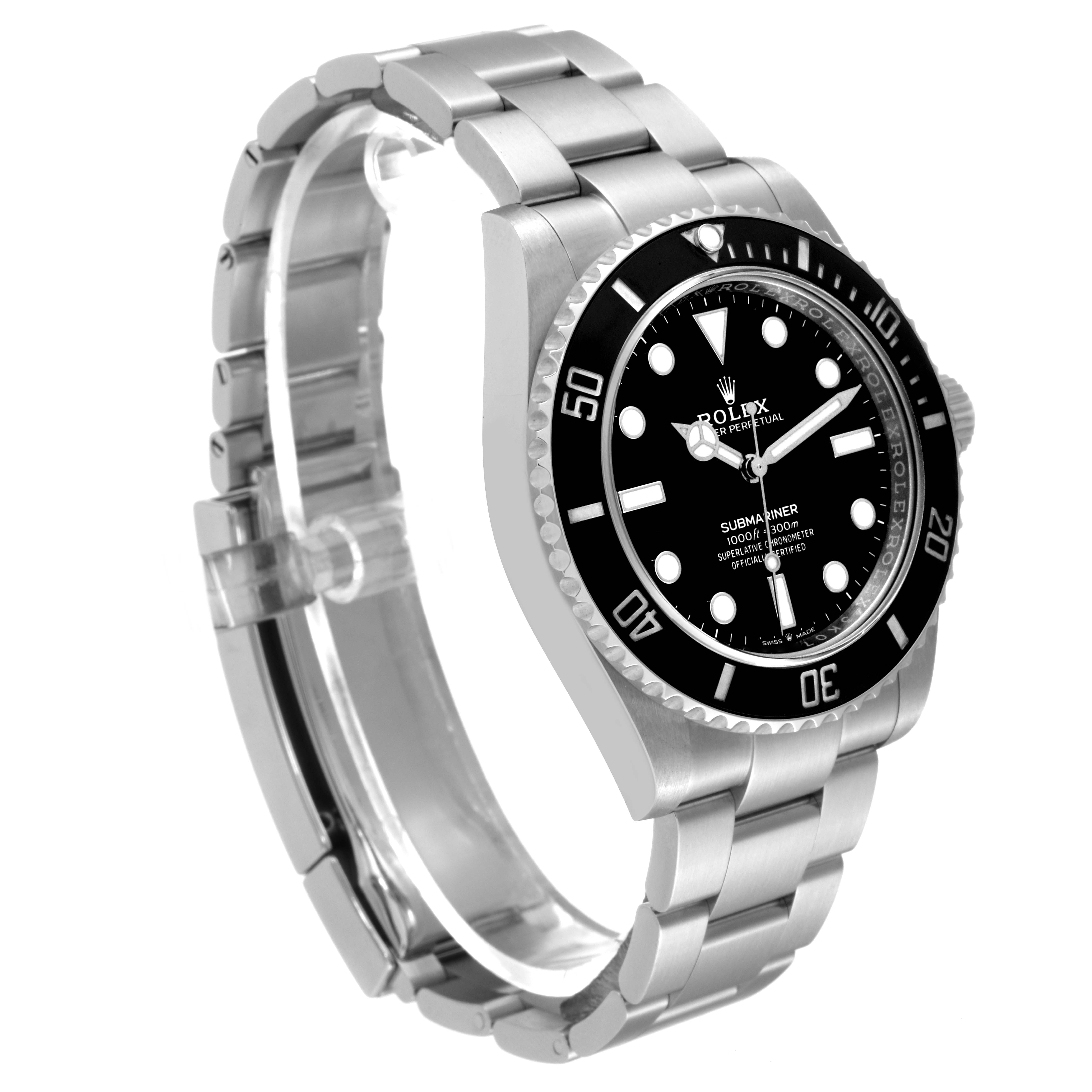 The image shows a Rolex Submariner 124060 Men
s Stainless Steel Black Dial 124060 Men
s Stainless Steel Black Dial watch from a front angle with a focus on the dial, bezel, and bracelet.