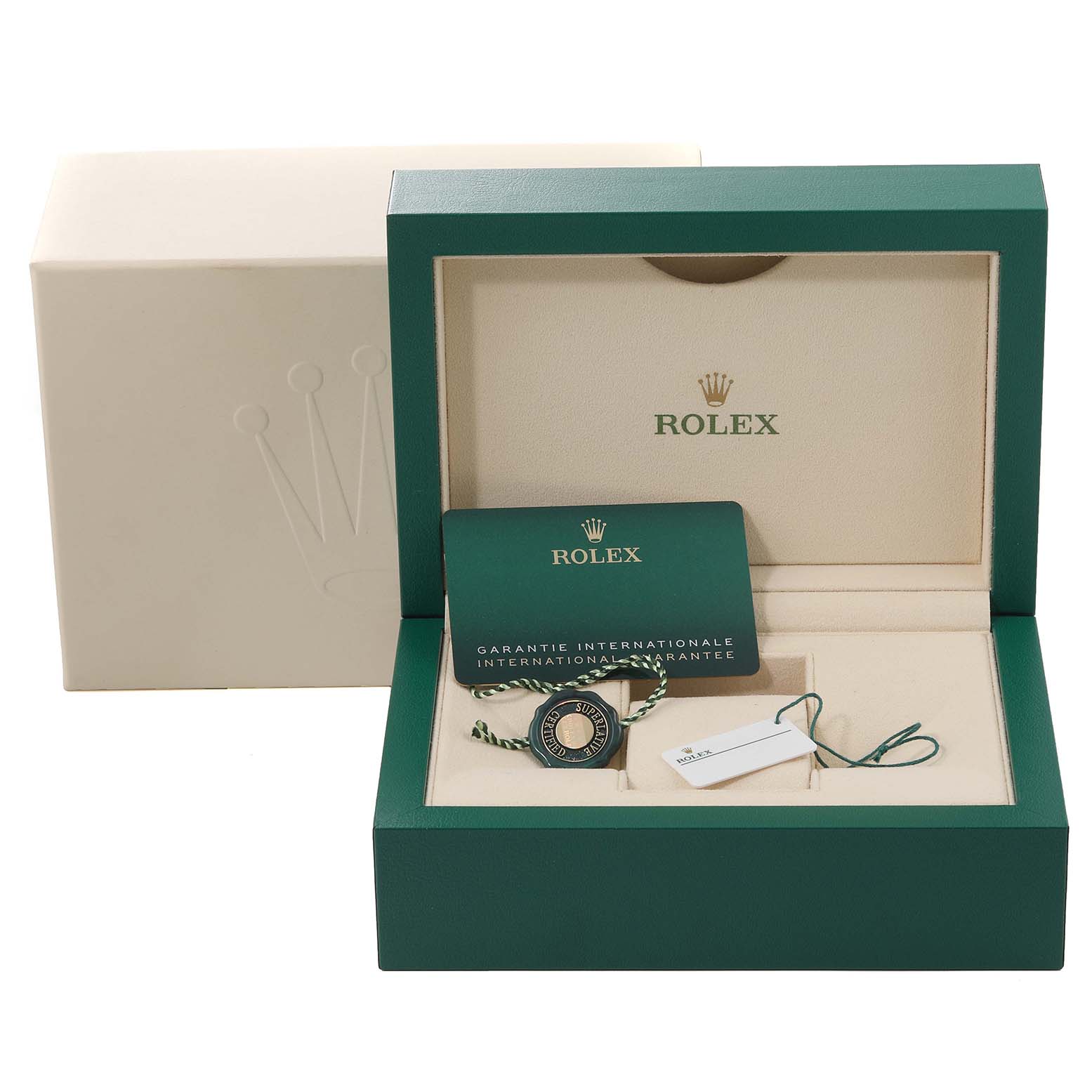 The image depicts the packaging, international guarantee card, and tags for a Rolex Submariner 124060 Men
s Stainless Steel Black Dial 124060 Men
s Stainless Steel Black Dial watch.