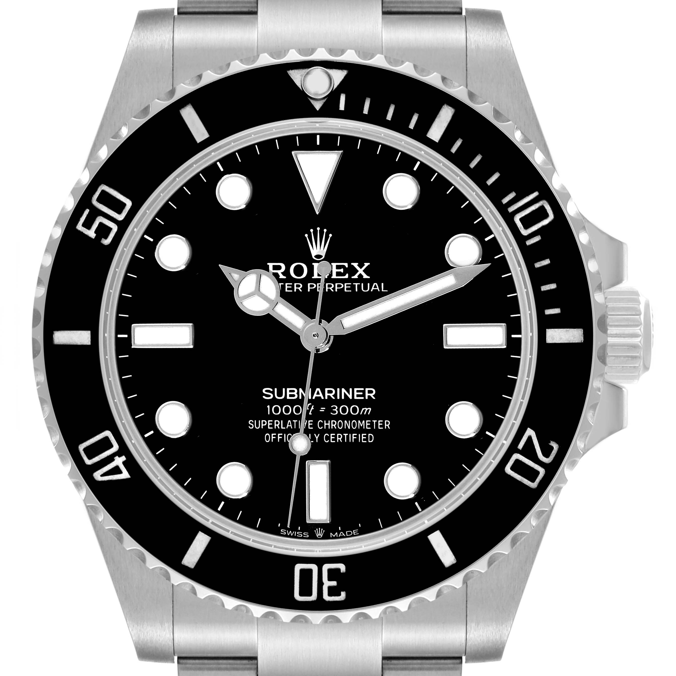 This image shows a frontal view of the Rolex Submariner 124060 Men
s Stainless Steel Black Dial 124060 Men
s Stainless Steel Black Dial, displaying its black bezel, dial, hands, and markers.