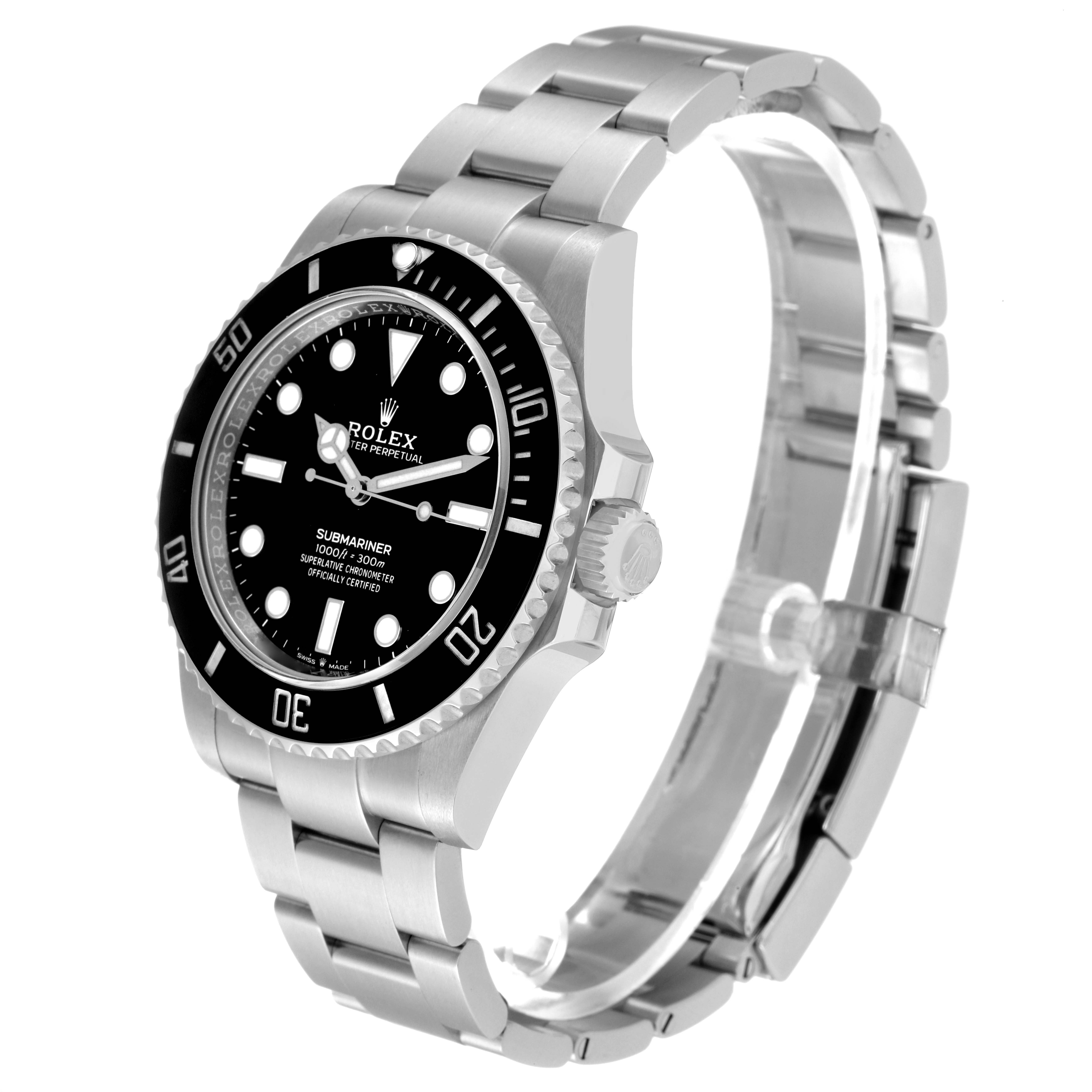 The Rolex Submariner 124060 Men
s Stainless Steel Black Dial 124060 Men
s Stainless Steel Black Dial watch is shown at an angled side view, displaying the face, bezel, crown, and bracelet.