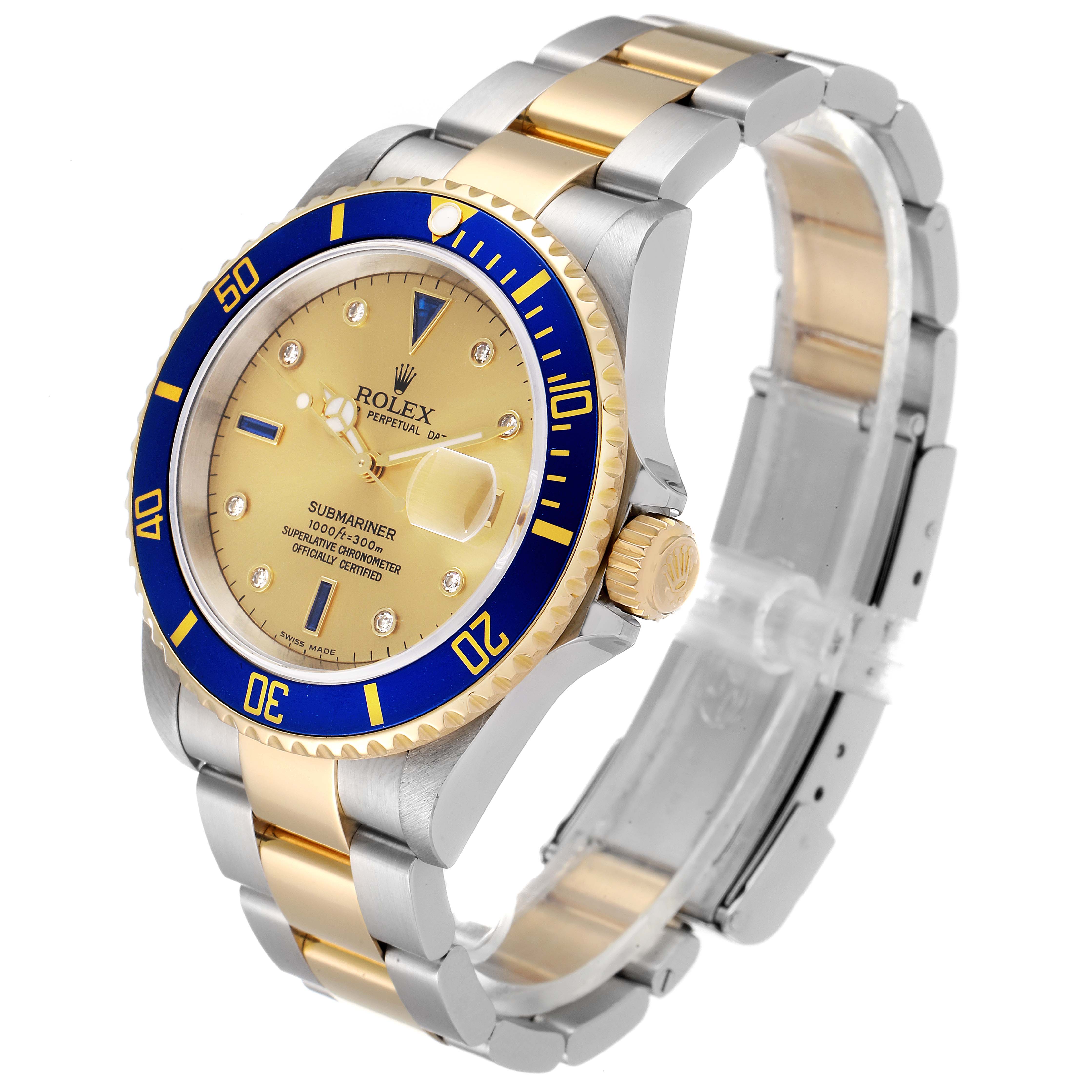 This image shows a two-tone Rolex Submariner 16613 Men's Steel and Gold (two tone) Champagne Dial 16613 Men's Steel and Gold (two tone) Champagne Dial watch angled from the front-left, highlighting the dial, bezel, and bracelet.