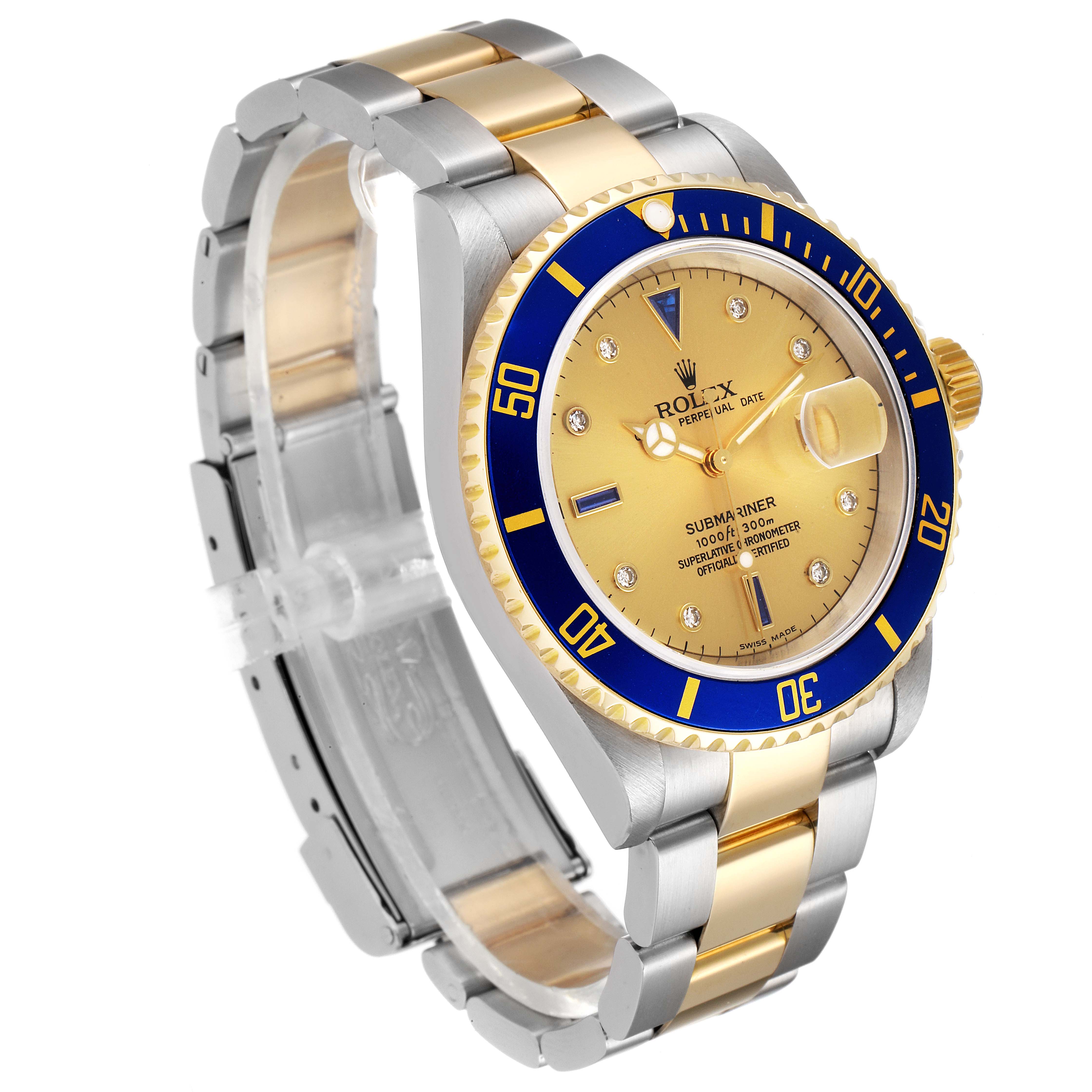 The image shows a Rolex Submariner 16613 Men's Steel and Gold (two tone) Champagne Dial 16613 Men's Steel and Gold (two tone) Champagne Dial watch angled to the right, displaying the dial, bezel, and part of the bracelet.