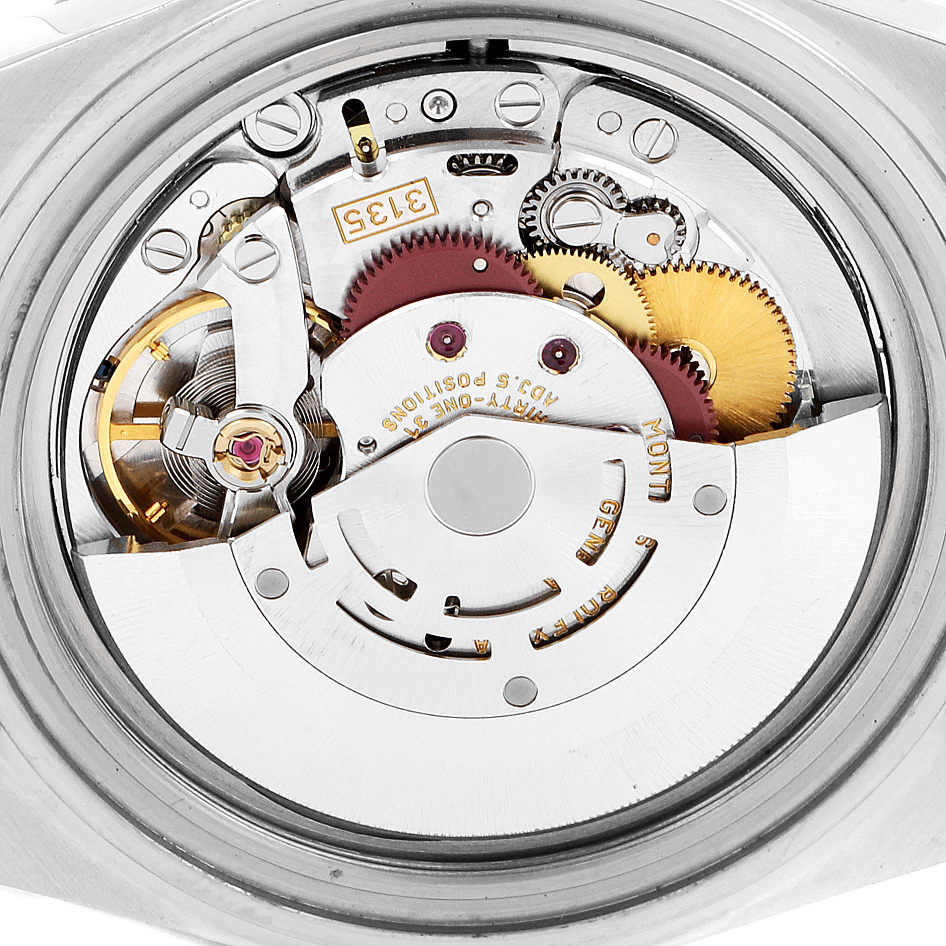 This image shows the intricate internal mechanics and movement of a Rolex Submariner 16613 Men's Steel and Gold (two tone) Champagne Dial 16613 Men's Steel and Gold (two tone) Champagne Dial watch, viewed from the back.