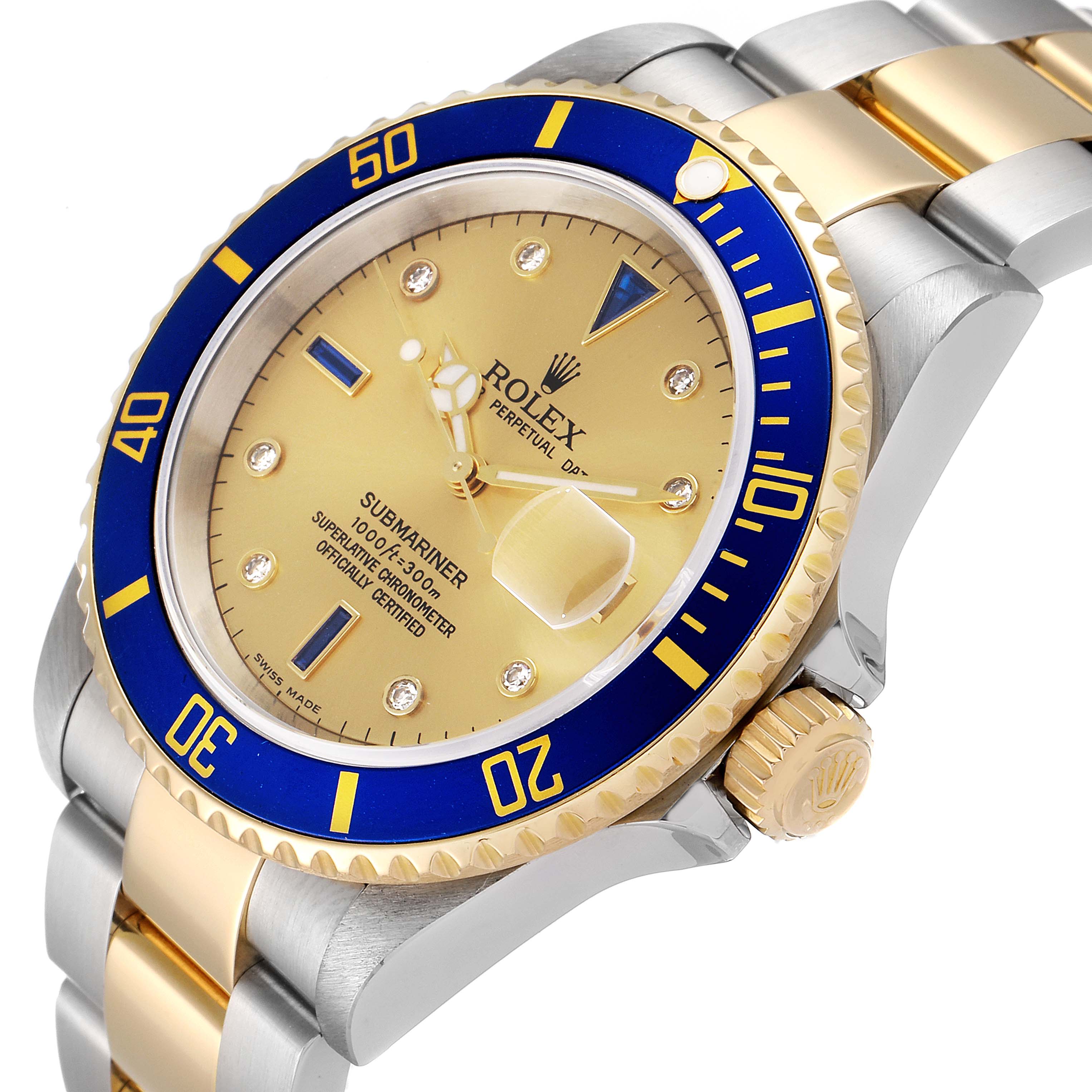 The image shows a close-up view of the Rolex Submariner 16613 Men's Steel and Gold (two tone) Champagne Dial 16613 Men's Steel and Gold (two tone) Champagne Dial watch, highlighting the dial, bezel, crown, and part of the bracelet.