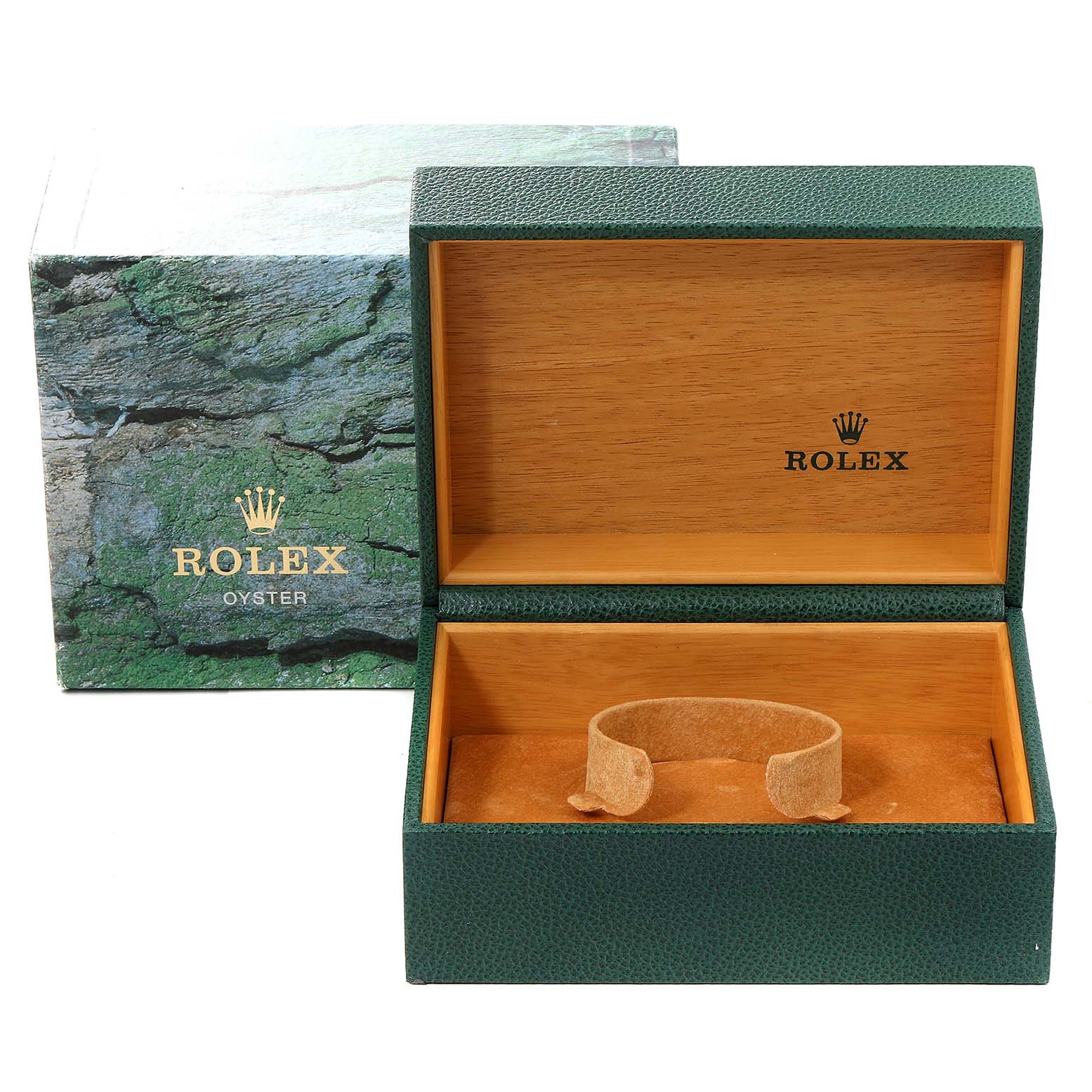 The image shows an open green Rolex Submariner 16613 Men's Steel and Gold (two tone) Champagne Dial 16613 Men's Steel and Gold (two tone) Champagne Dial watch box with a cushion holder inside.