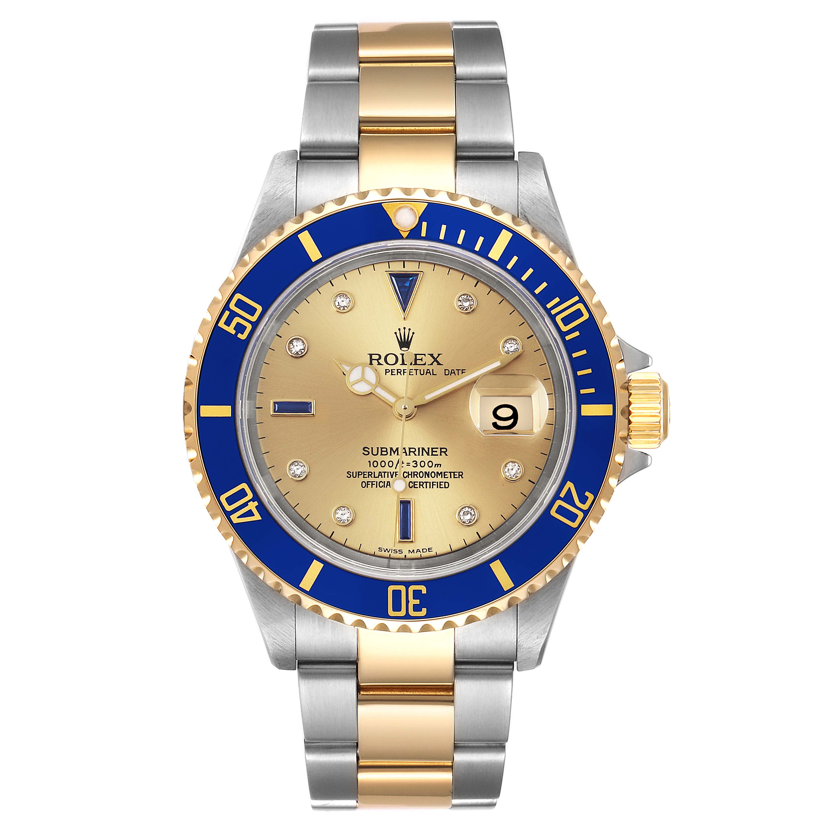 The image shows a front view of a Rolex Submariner 16613 Men's Steel and Gold (two tone) Champagne Dial 16613 Men's Steel and Gold (two tone) Champagne Dial watch, highlighting the bezel, dial, hands, date window, and bracelet.