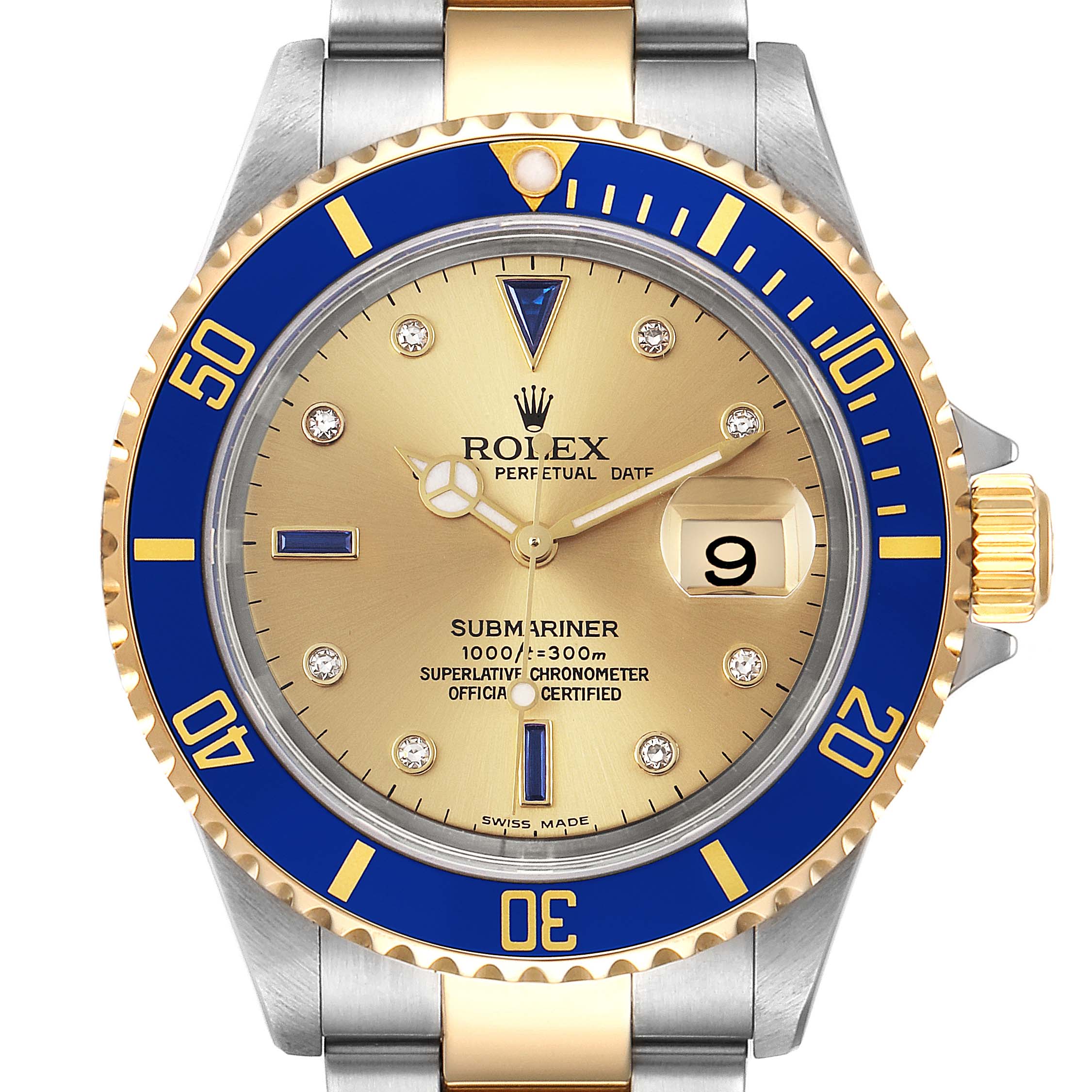 This image shows a frontal view of the Rolex Submariner 16613 Men's Steel and Gold (two tone) Champagne Dial 16613 Men's Steel and Gold (two tone) Champagne Dial, highlighting its dial, bezel, and part of the bracelet.