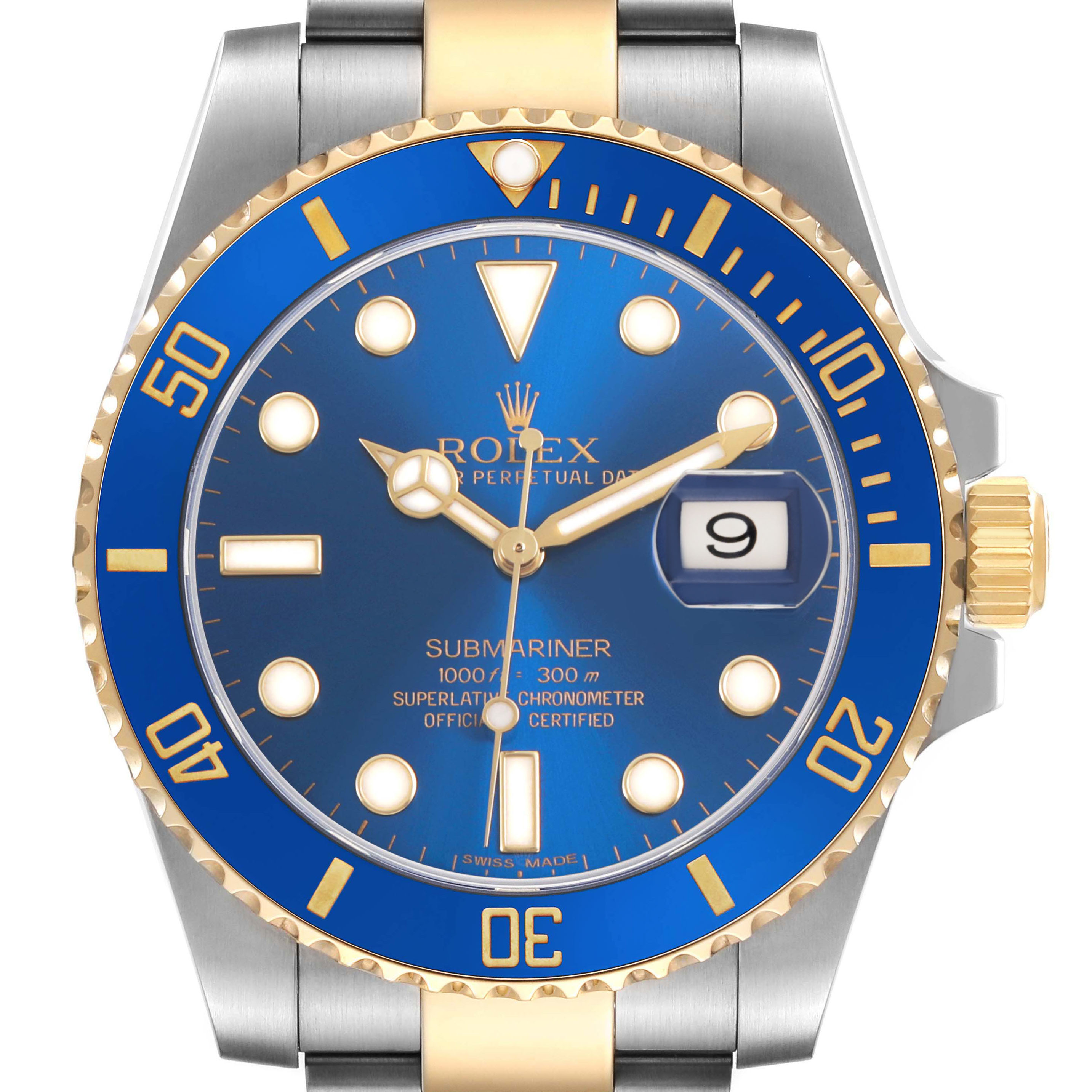 The Rolex Submariner 116613 Men's Steel and Gold (two tone) Blue Dial watch is shown from the front, highlighting its blue dial, bezel, and bracelet with gold accents.