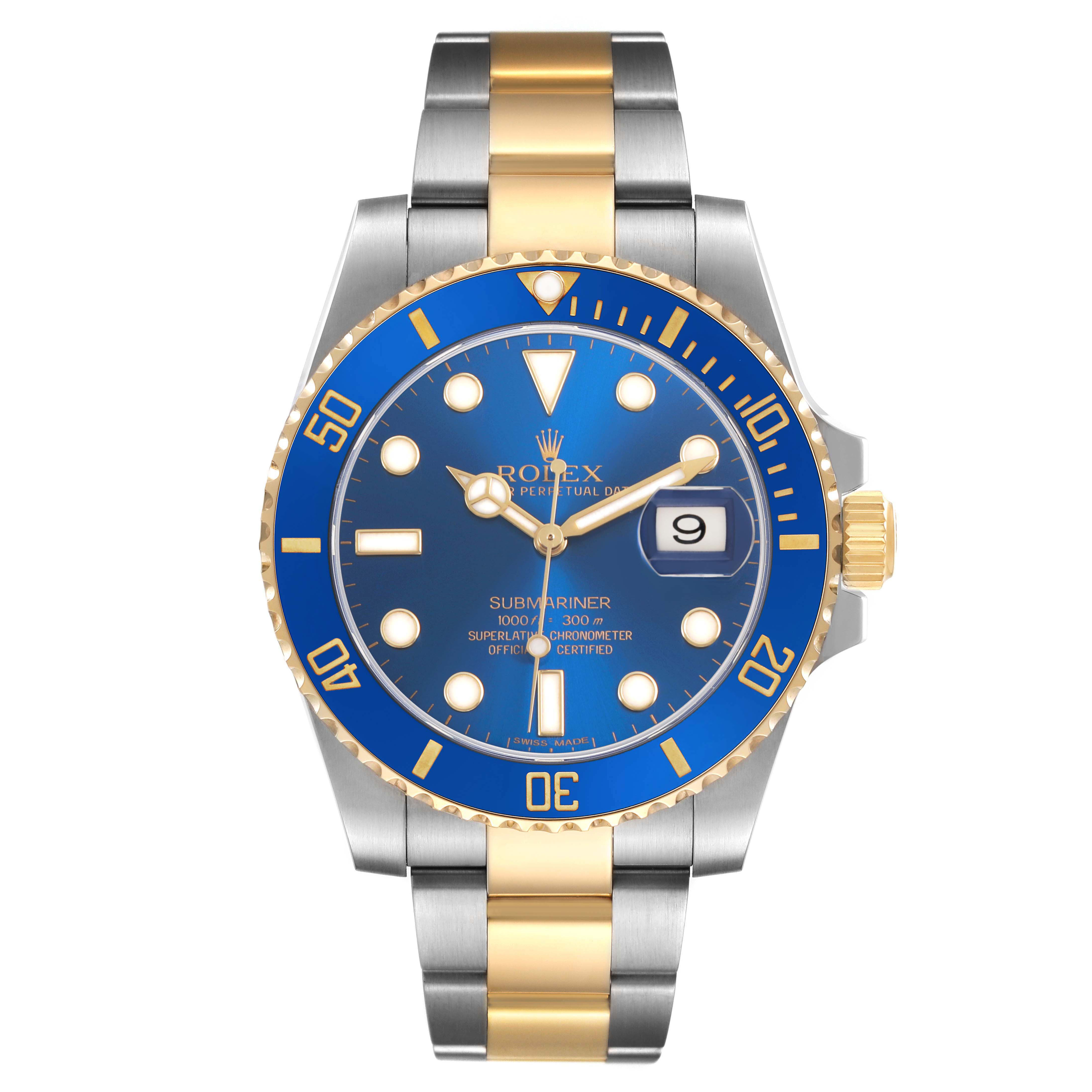 The Rolex Submariner 116613 Men's Steel and Gold (two tone) Blue Dial watch is shown from the front, displaying its blue dial, bezel, and two-tone metal bracelet.